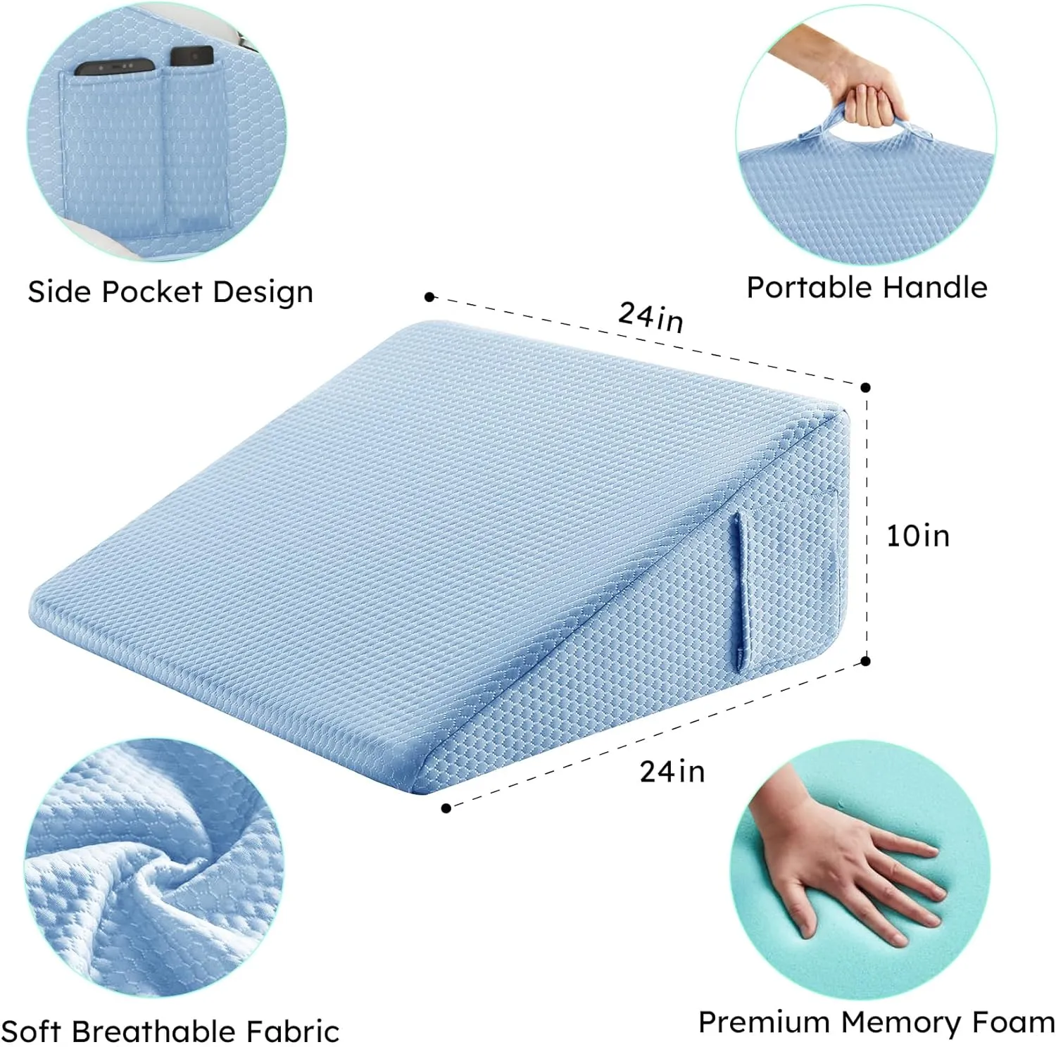 Wedge Pillow for Sleeping, 10 inch Elevated Support Bed Wedge Pillow, Breathable Triangle Pillow Wedge with Cooling Memory Foam Top - Removable Washable Cover, Light Blue