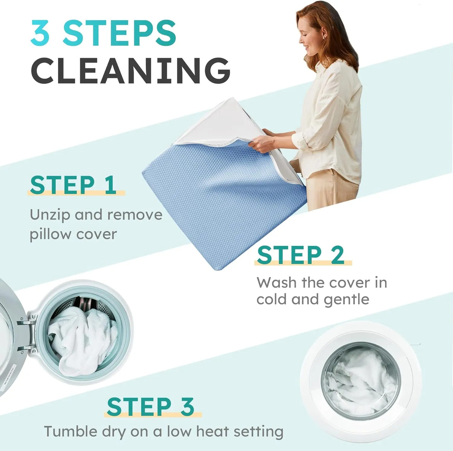Wedge Pillow for Sleeping, 10 inch Elevated Support Bed Wedge Pillow, Breathable Triangle Pillow Wedge with Cooling Memory Foam Top - Removable Washable Cover, Light Blue