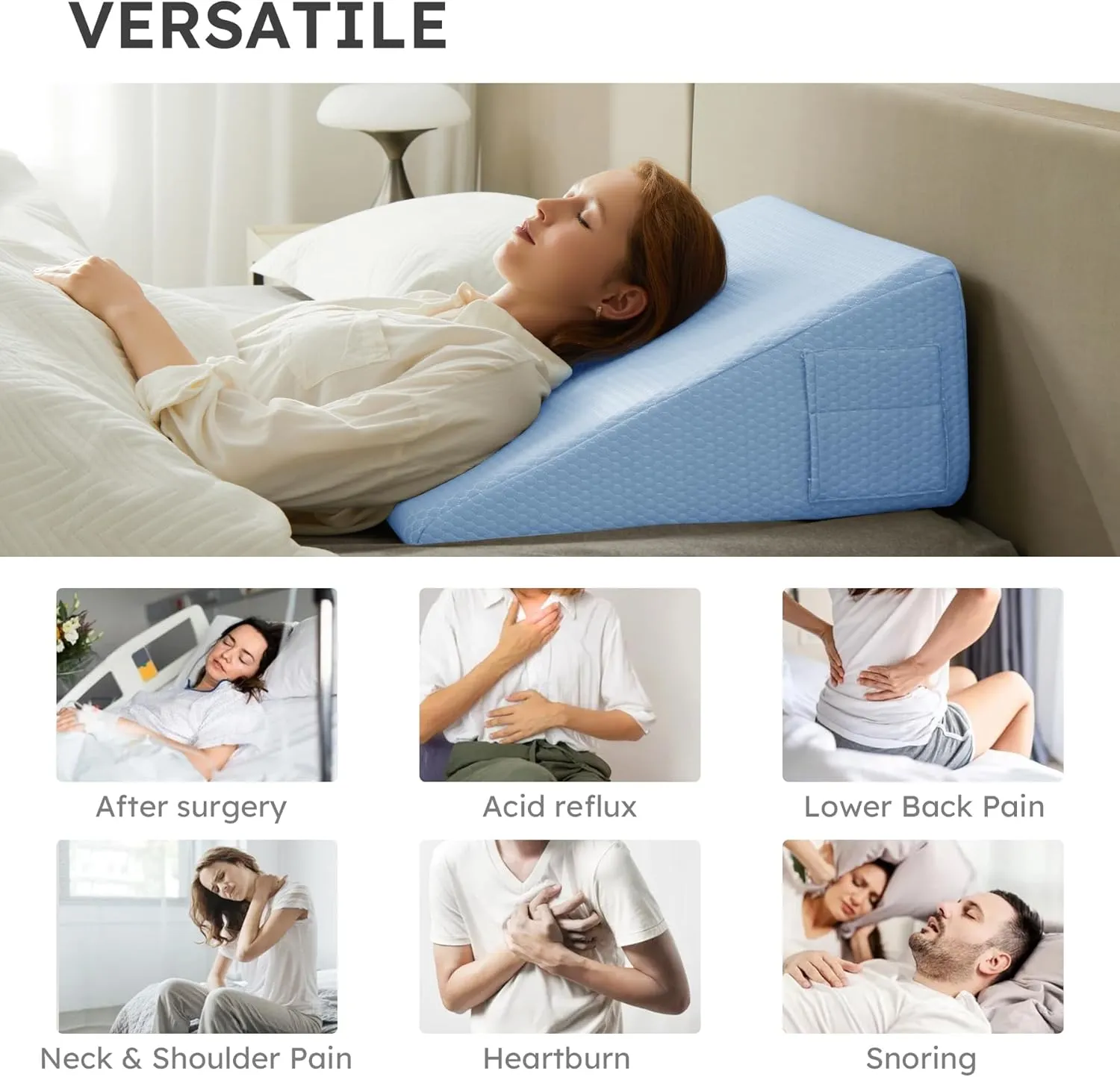 Wedge Pillow for Sleeping, 10 inch Elevated Support Bed Wedge Pillow, Breathable Triangle Pillow Wedge with Cooling Memory Foam Top - Removable Washable Cover, Light Blue