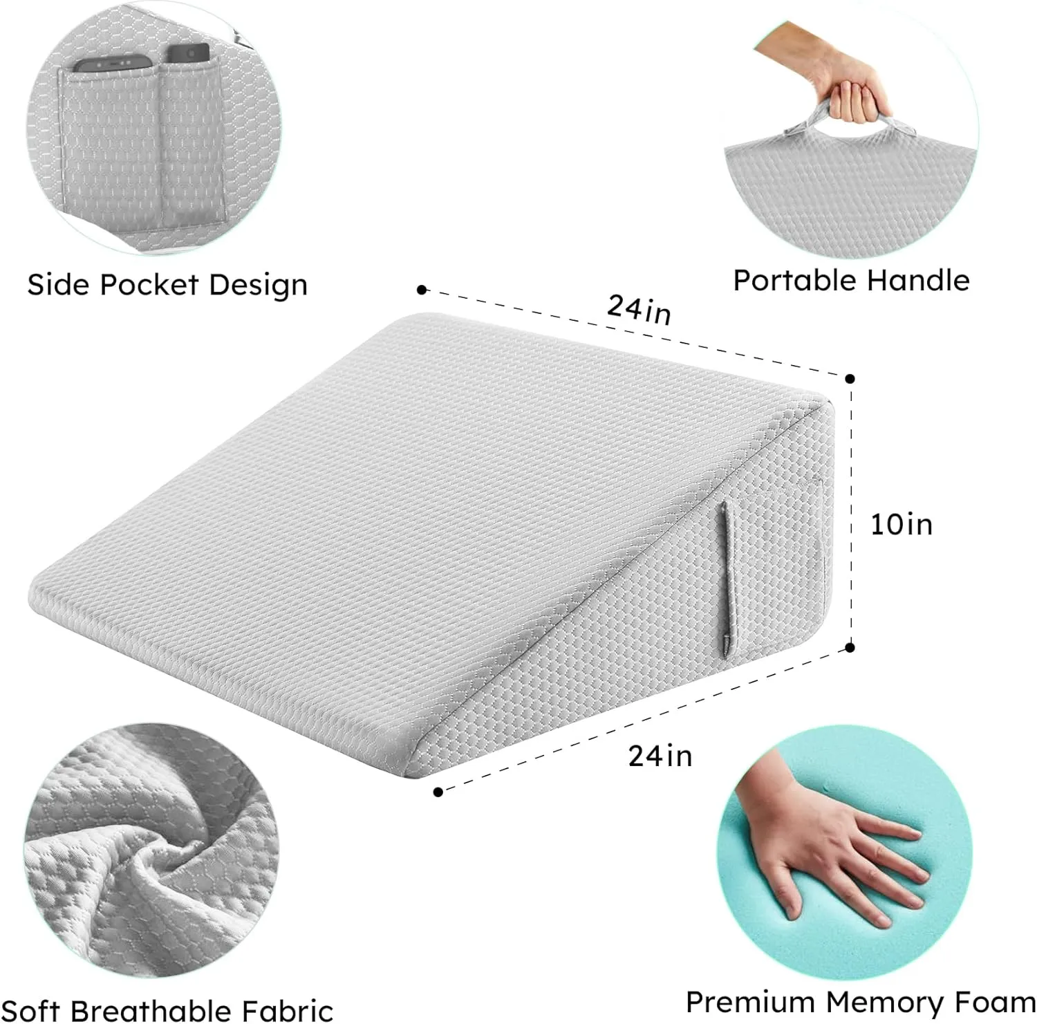 Wedge Pillow for Sleeping, 10 inch Elevated Support Bed Wedge Pillow, Breathable Triangle Pillow Wedge with Cooling Memory Foam Top - Removable Washable Cover, Light Grey