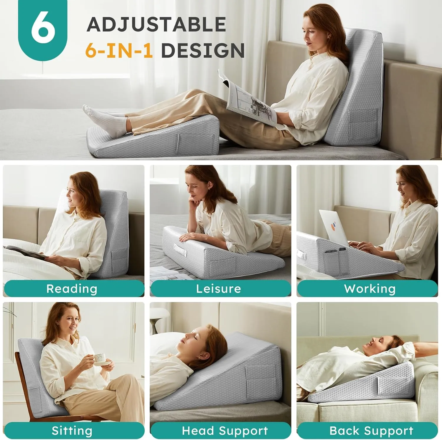 Wedge Pillow for Sleeping, 10 inch Elevated Support Bed Wedge Pillow, Breathable Triangle Pillow Wedge with Cooling Memory Foam Top - Removable Washable Cover, Light Grey