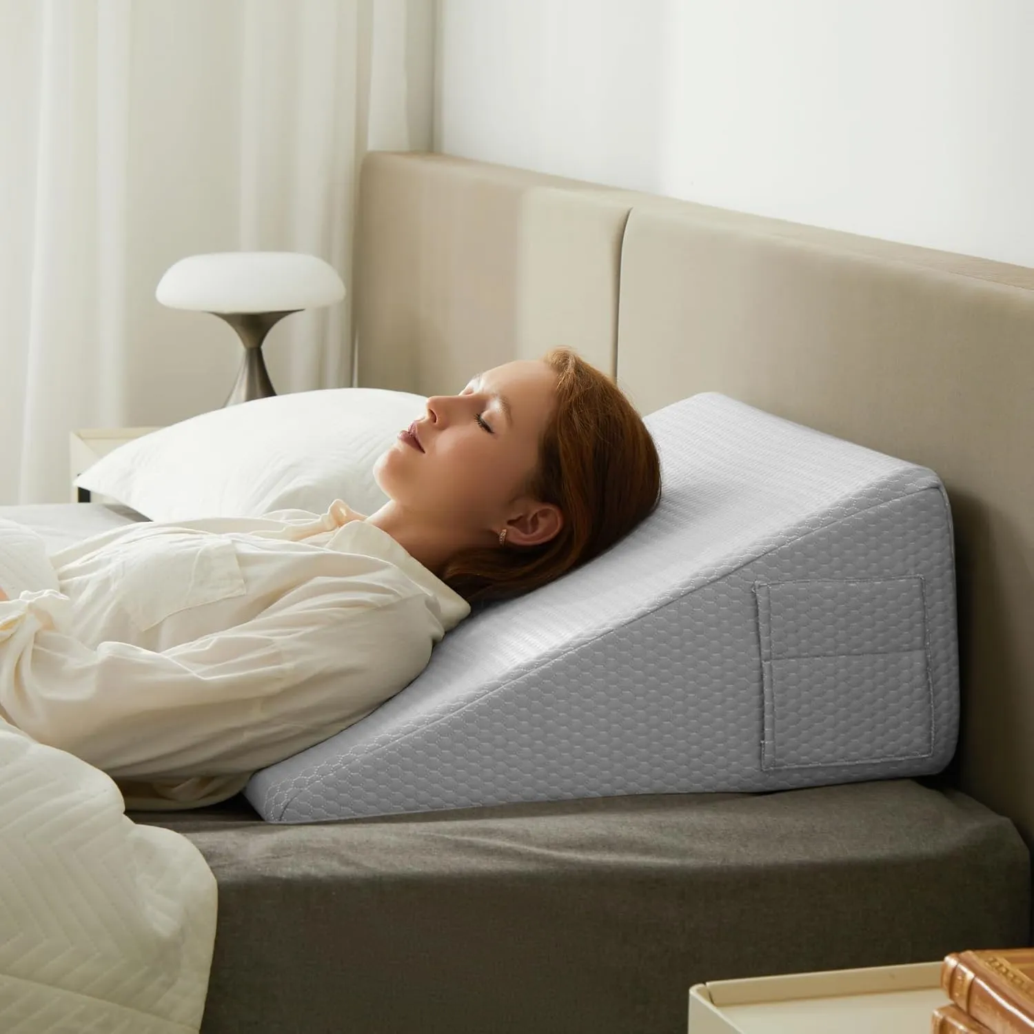 Wedge Pillow for Sleeping, 10 inch Elevated Support Bed Wedge Pillow, Breathable Triangle Pillow Wedge with Cooling Memory Foam Top - Removable Washable Cover, Light Grey