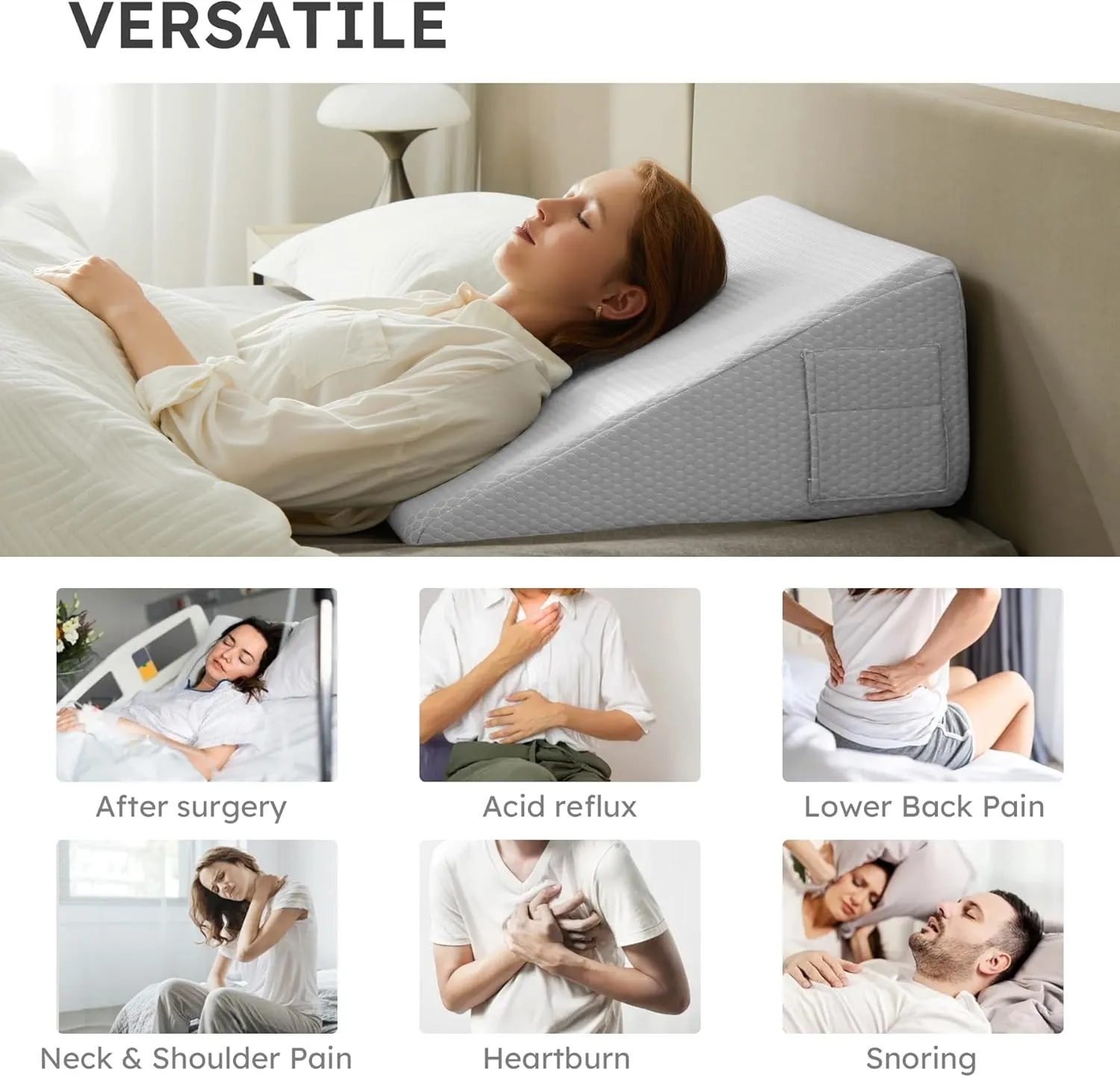 Wedge Pillow for Sleeping, 10 inch Elevated Support Bed Wedge Pillow, Breathable Triangle Pillow Wedge with Cooling Memory Foam Top - Removable Washable Cover, Light Grey