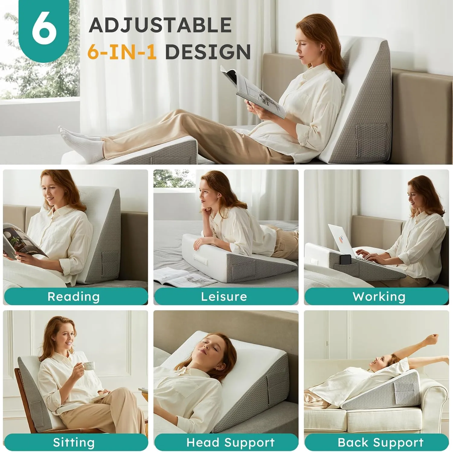 Wedge Pillow for Sleeping, 12 inch Bed Wedge Pillow, Elevated Body Pillow for Back Support, Acid Reflux, Leg, Neck Pain, Snoring, Triangle Pillow Wedge - Cooling Memory Foam Top, White/Grey
