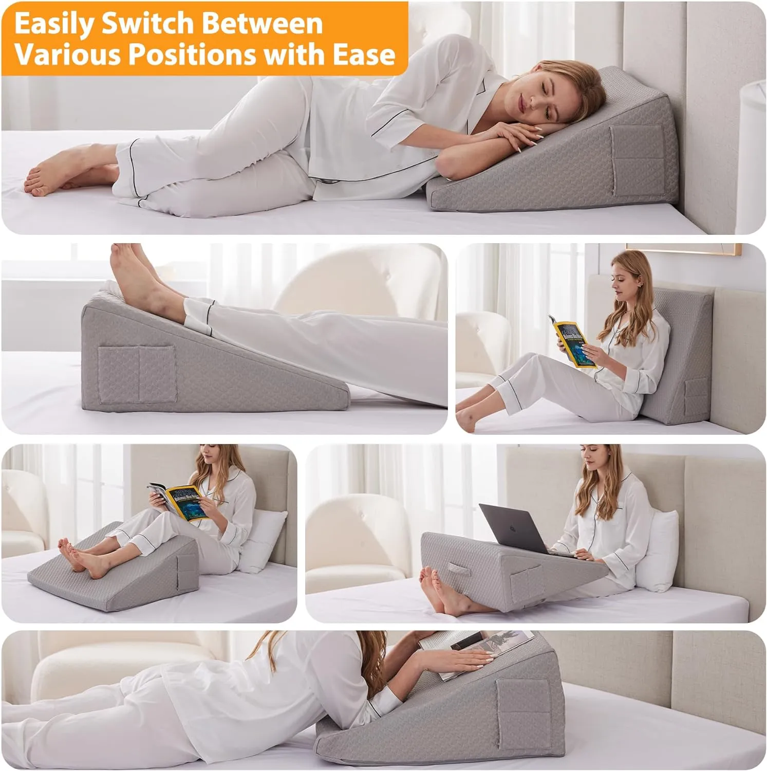 Wedge Pillow for Sleeping, 12" Bed Wedges Pillow for Headboard, Triangle Incline Wedge for Acid Reflux, Pillows Wedge for Back Pain Relief, Elevated Leg Pillow After Surgery, Snoring, Grey