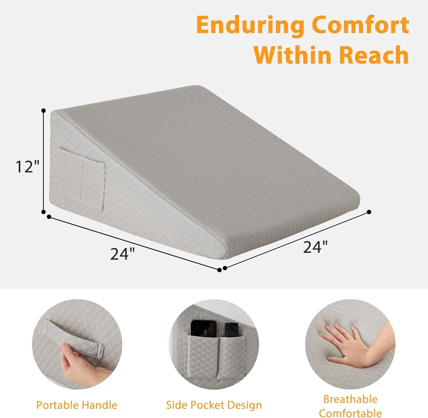 Wedge Pillow for Sleeping, 12" Bed Wedges Pillow for Headboard, Triangle Incline Wedge for Acid Reflux, Pillows Wedge for Back Pain Relief, Elevated Leg Pillow After Surgery, Snoring, Grey