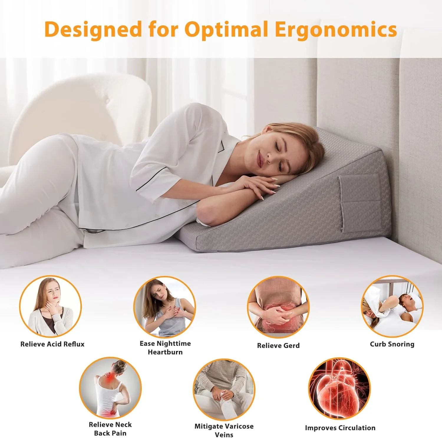 Wedge Pillow for Sleeping, 12" Bed Wedges Pillow for Headboard, Triangle Incline Wedge for Acid Reflux, Pillows Wedge for Back Pain Relief, Elevated Leg Pillow After Surgery, Snoring, Grey
