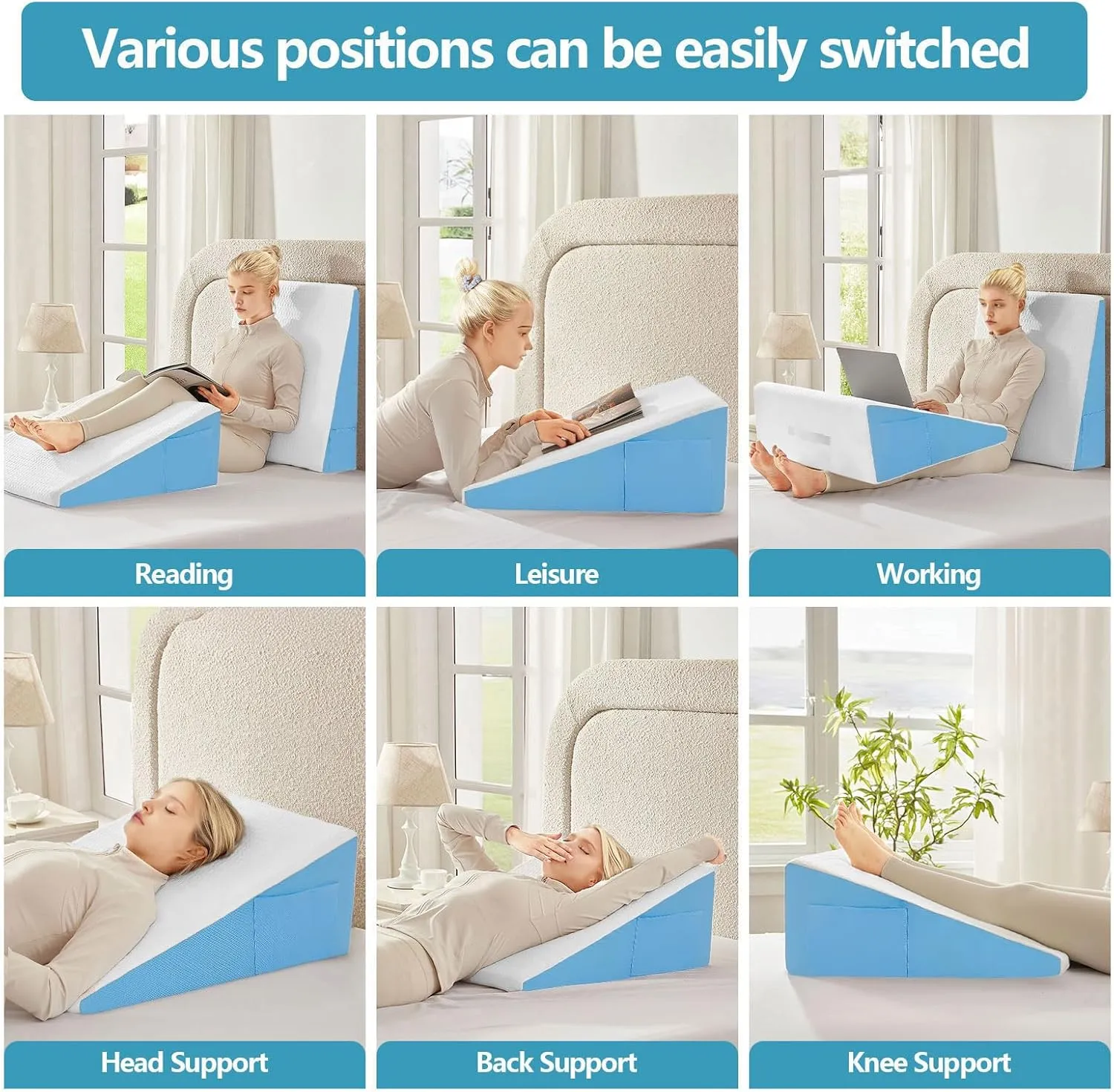 Wedge Pillow for Sleeping & Resting, 24"x24"x7.5" Memory Foam Cushion with Blue White Patterned Polyester Cover, Ideal for Bedroom & Living Room – Comfortable Support for Adults