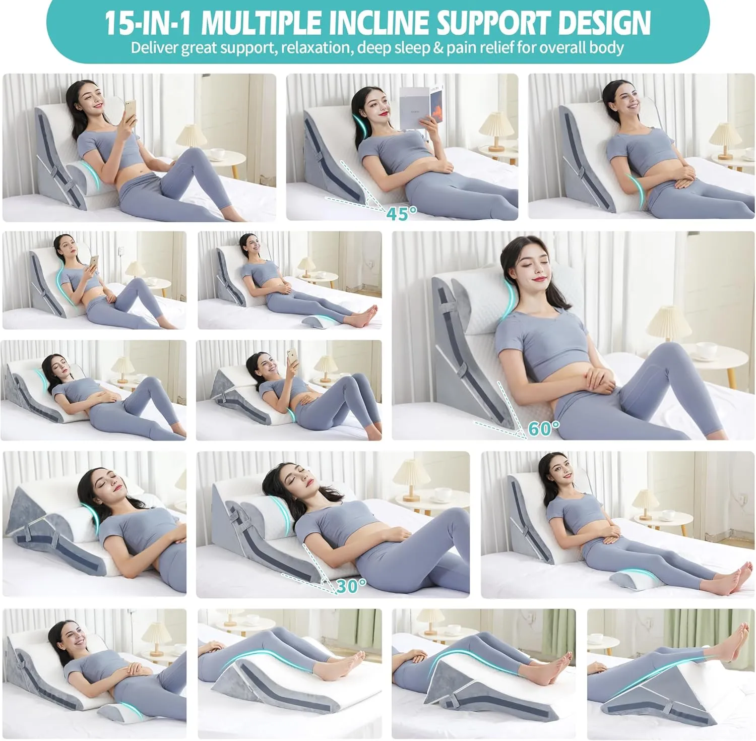 Wedge Pillow for Sleeping, Orthopedic Bed Wedge Pillow Set, 15-in-1 3PCS Adjustable Memory Foam Wedge Pillow Post Surgery, 9 &16 & 20 inches Height 3-in-1 Incline Wedges Pillows