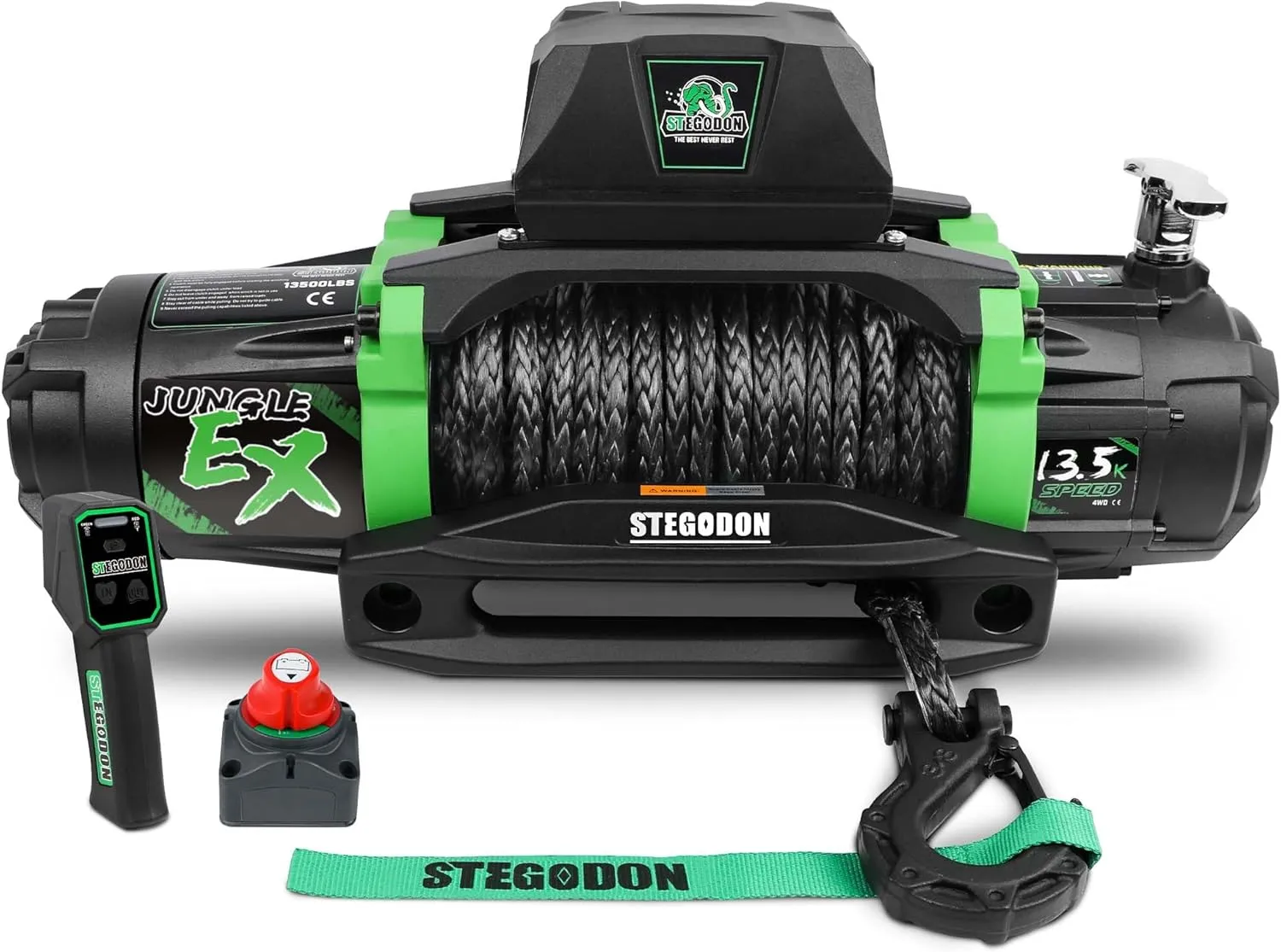 Winch 13500 lb Winch 12V Waterproof Electric Winch Synthetic Rope Winch Off Road Winches with 2 in 1 Wireless Remote for Towing Jeep Truck Off Road (Jungle EX)