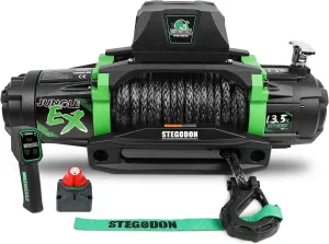 Winch 13500 lb Winch 12V Waterproof Electric Winch Synthetic Rope Winch Off Road Winches with 2 in 1 Wireless Remote for Towing Jeep Truck Off Road (Jungle EX)