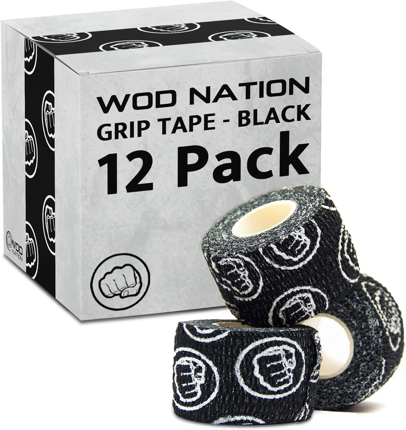 WOD Nation Weightlifting Hook Grip Tape - Bulk 12 Pack (23ft/Roll) Comfortable & Stretchy Athletic Thumb Tape for Weight Lifting, Excercise & Cross Training - Protect Thumb, Wrist & Finger -Black