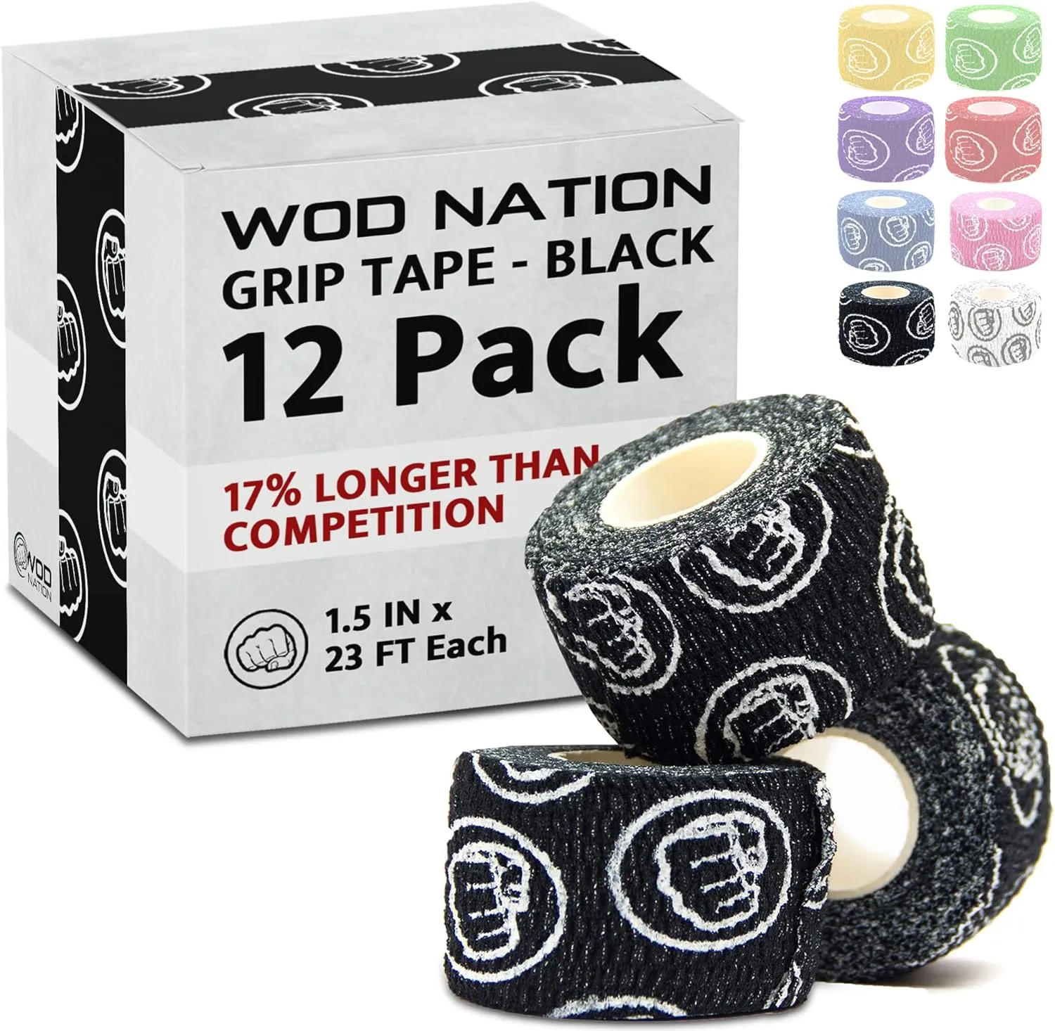 WOD Nation Weightlifting Hook Grip Tape - Bulk 12 Pack (23ft/Roll) Comfortable & Stretchy Athletic Thumb Tape for Weight Lifting, Excercise & Cross Training - Protect Thumb, Wrist & Finger -Black