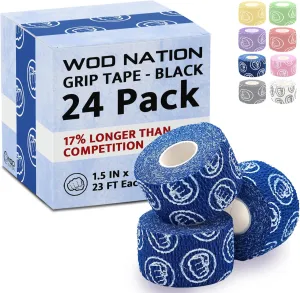 WOD Nation Weightlifting Hook Grip Tape - Bulk 24 Pack (23ft/Roll) Comfortable & Stretchy Athletic Thumb Tape for Weight Lifting, Excercise & Cross Training - Protect Thumb, Wrist & Finger (Blue)
