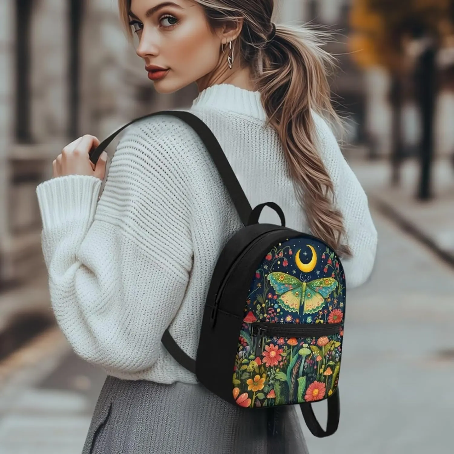 Women's Fashion Backpack Water-Resistant Butterfly and Moon Print Daypack with Adjustable Straps Customizable Design for Travel Work