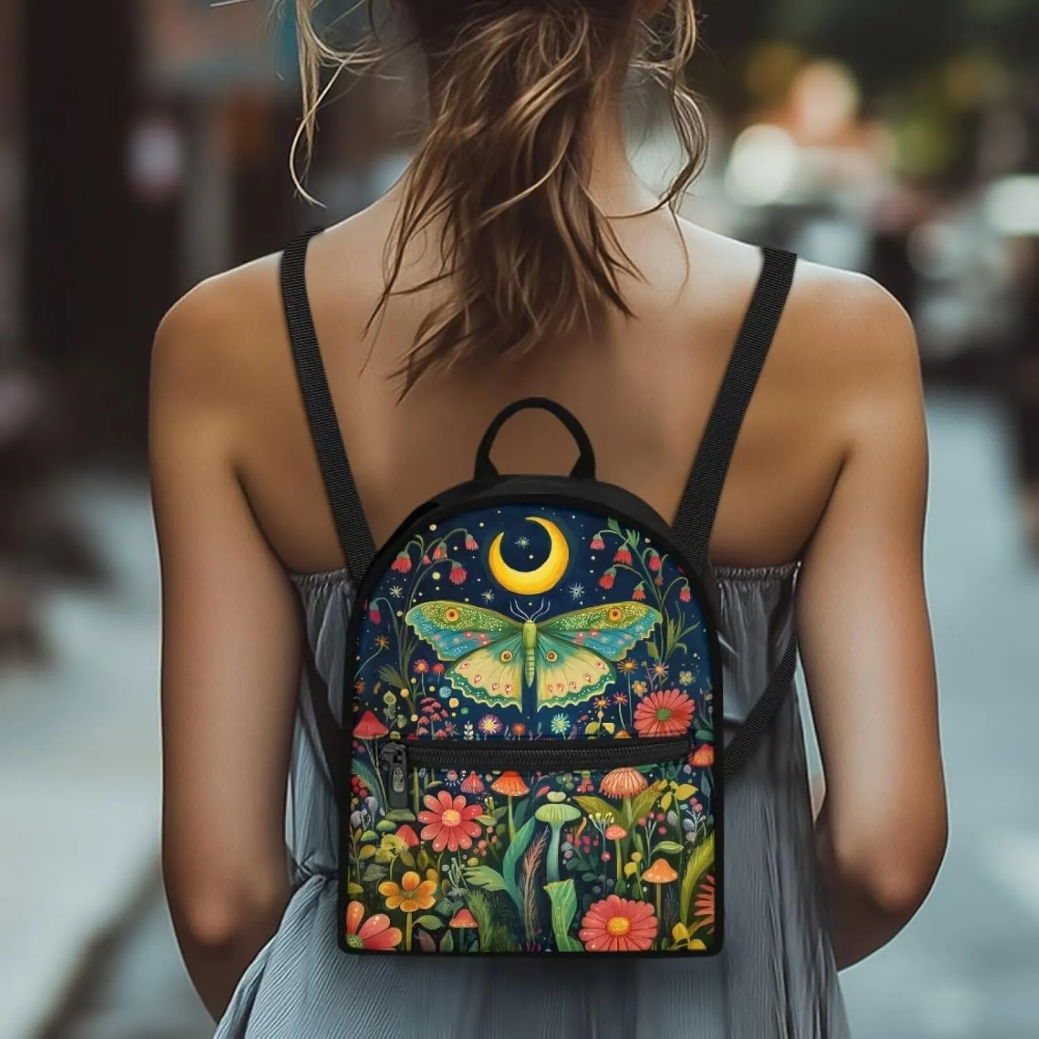 Women's Fashion Backpack Water-Resistant Butterfly and Moon Print Daypack with Adjustable Straps Customizable Design for Travel Work