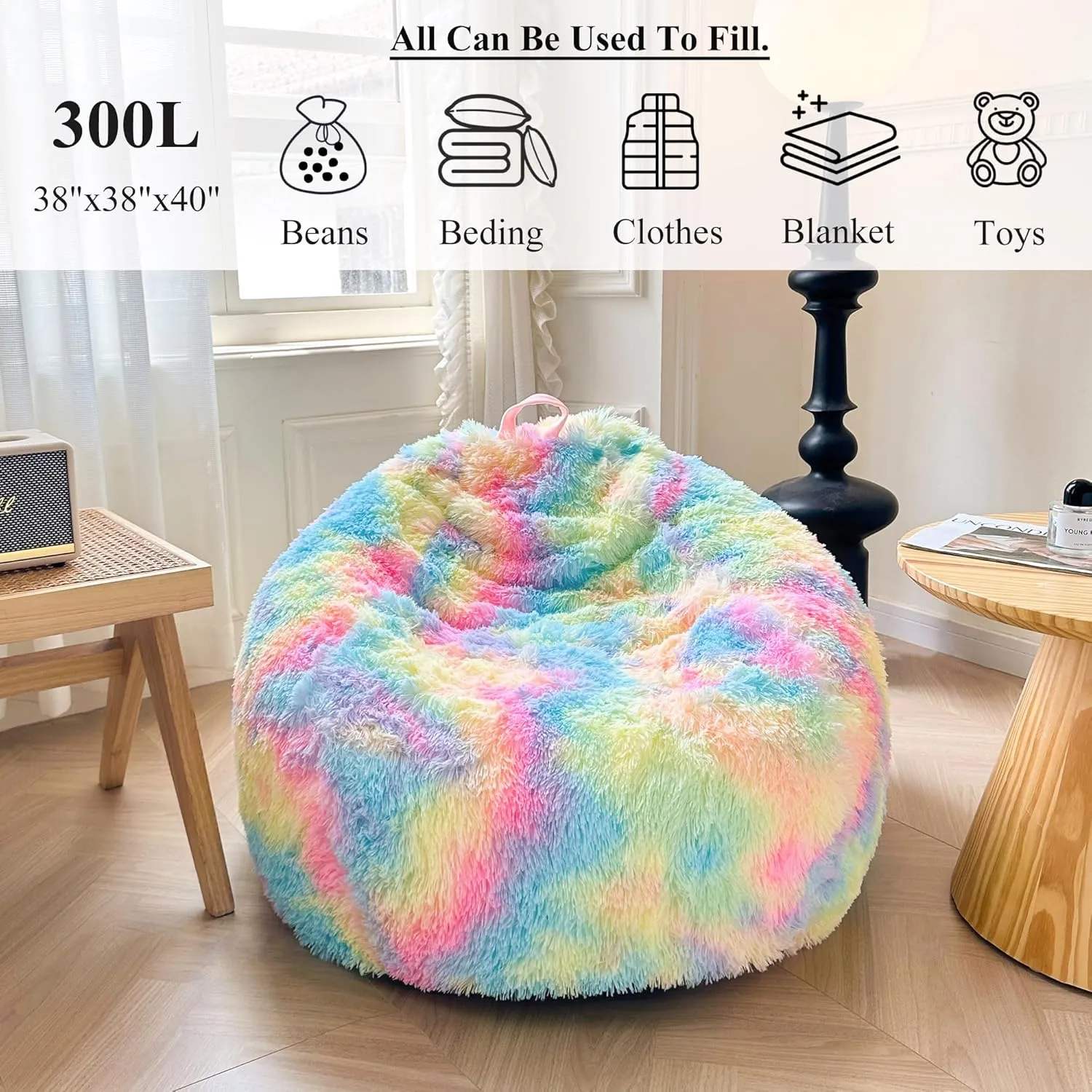 XeGe Faux Fur Comfy Bean Bag Cover(No Filler) for Living Room, Tie Dye Fluffy Stuffed Animal Storage Bean Bag Chair Cover, Furry Fuzzy Bean Bag Cover for Adults Teens Kids Girls, Anti-Slip, Rainbow