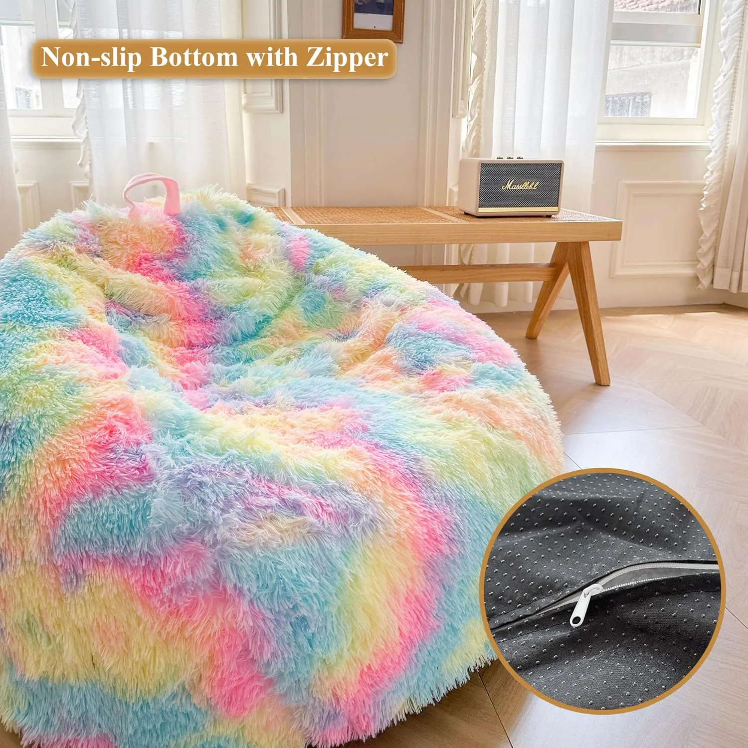 XeGe Faux Fur Comfy Bean Bag Cover(No Filler) for Living Room, Tie Dye Fluffy Stuffed Animal Storage Bean Bag Chair Cover, Furry Fuzzy Bean Bag Cover for Adults Teens Kids Girls, Anti-Slip, Rainbow