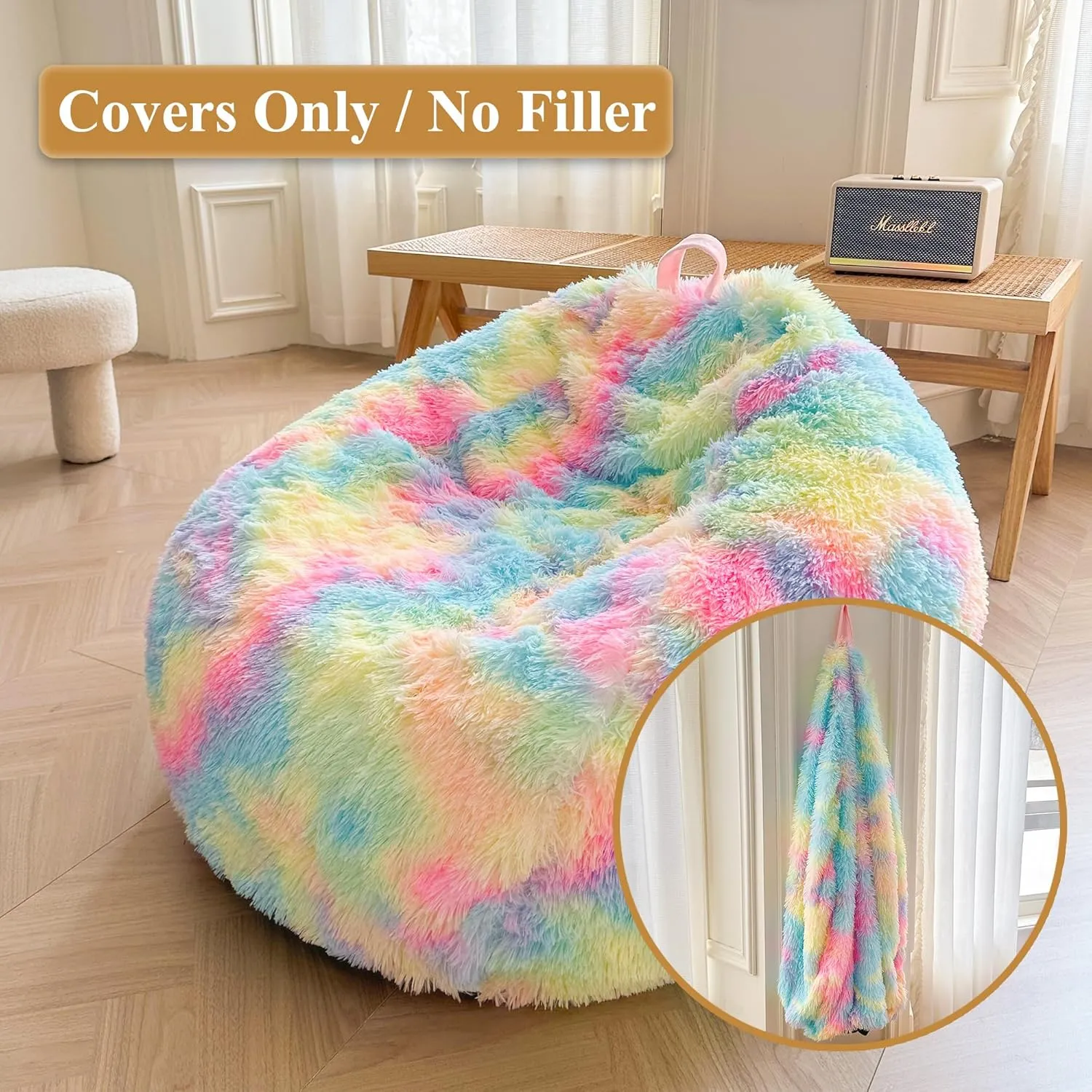 XeGe Faux Fur Comfy Bean Bag Cover(No Filler) for Living Room, Tie Dye Fluffy Stuffed Animal Storage Bean Bag Chair Cover, Furry Fuzzy Bean Bag Cover for Adults Teens Kids Girls, Anti-Slip, Rainbow