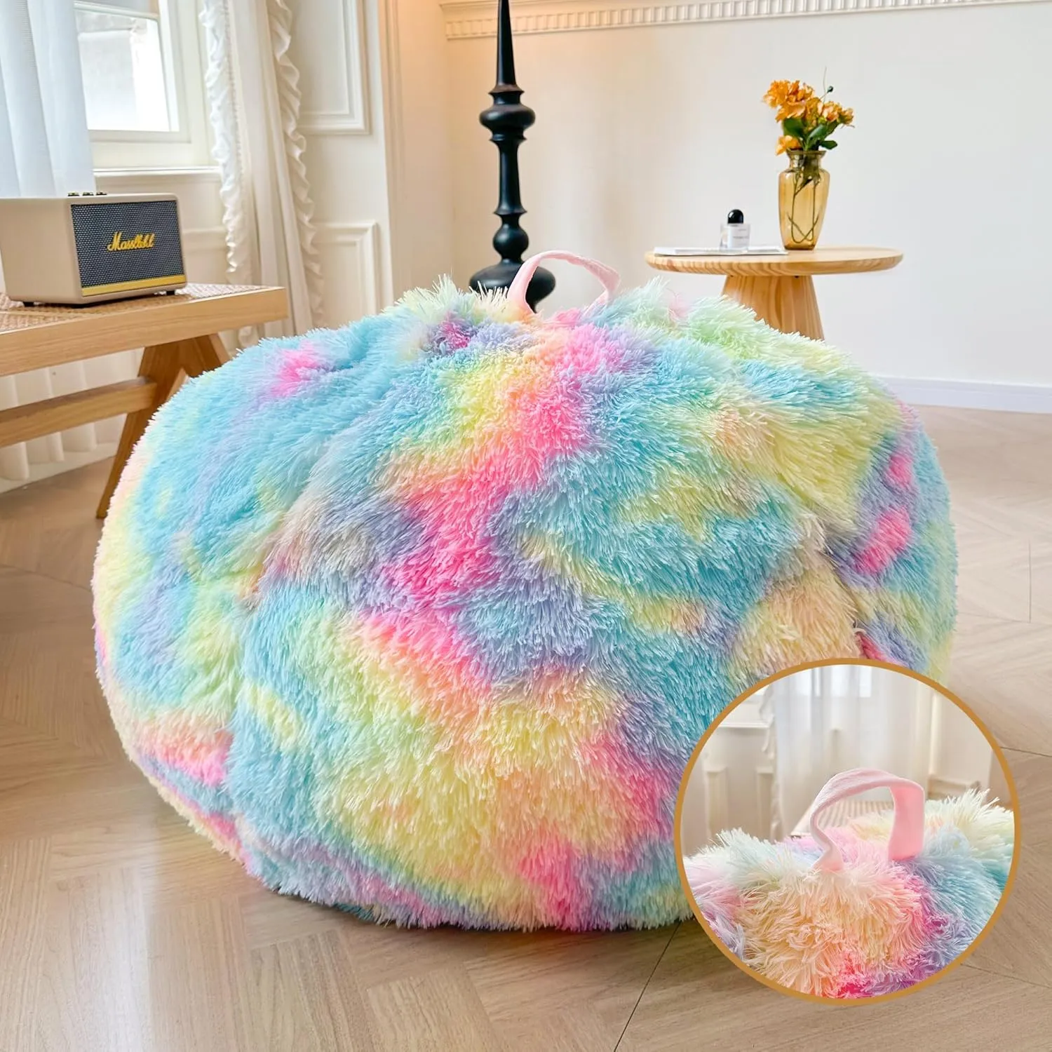 XeGe Faux Fur Comfy Bean Bag Cover(No Filler) for Living Room, Tie Dye Fluffy Stuffed Animal Storage Bean Bag Chair Cover, Furry Fuzzy Bean Bag Cover for Adults Teens Kids Girls, Anti-Slip, Rainbow