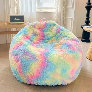 XeGe Faux Fur Comfy Bean Bag Cover(No Filler) for Living Room, Tie Dye Fluffy Stuffed Animal Storage Bean Bag Chair Cover, Furry Fuzzy Bean Bag Cover for Adults Teens Kids Girls, Anti-Slip, Rainbow