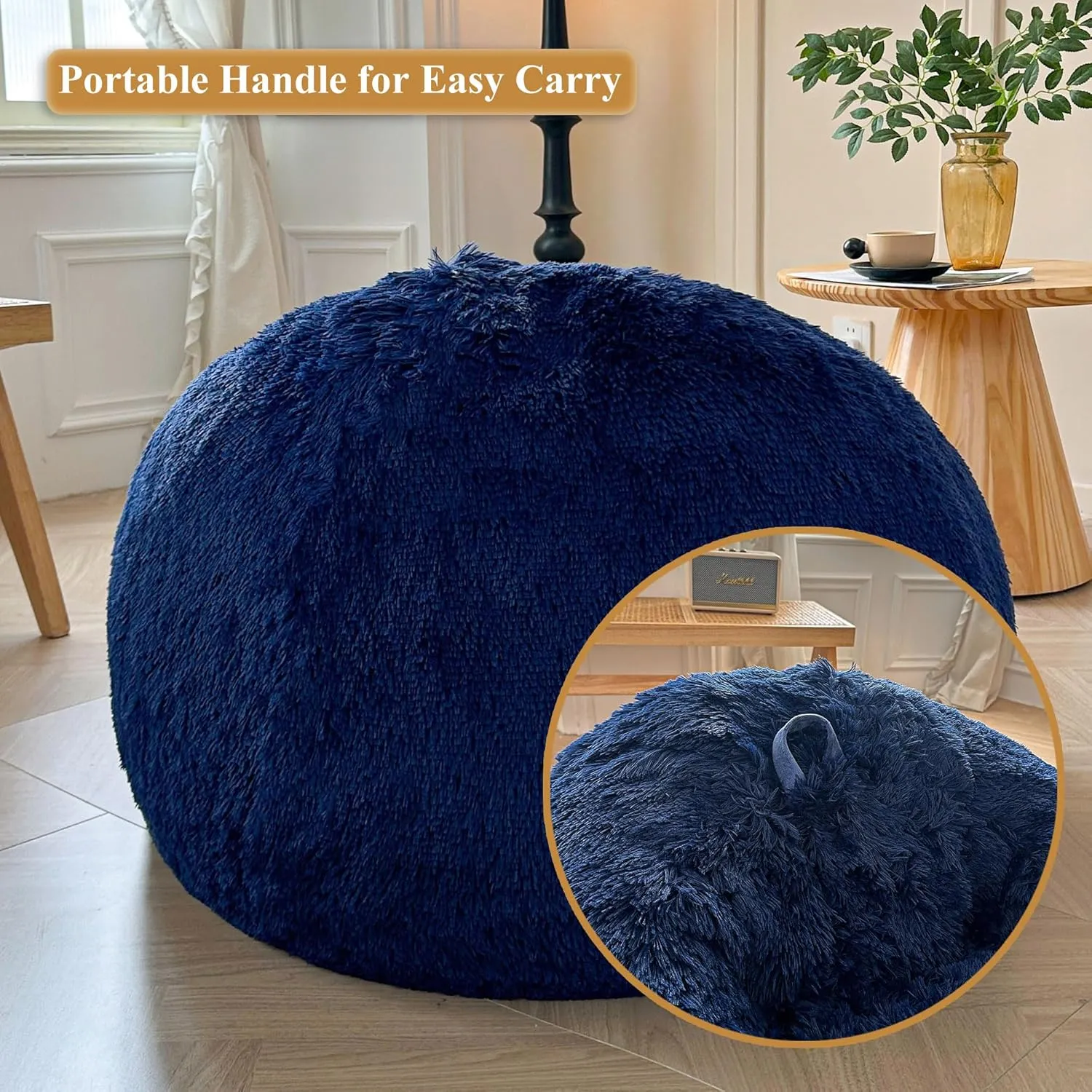 XeGe Fluffy Bean Bag Chair Cover(No Filler), Faux Fur Washable Soft Stuffed Animal Storage Bean Bag Cover for Plush Toys or Textile, Plush Shaggy Large BeanBag Shell for Adults Kids Teens, Navy Blue