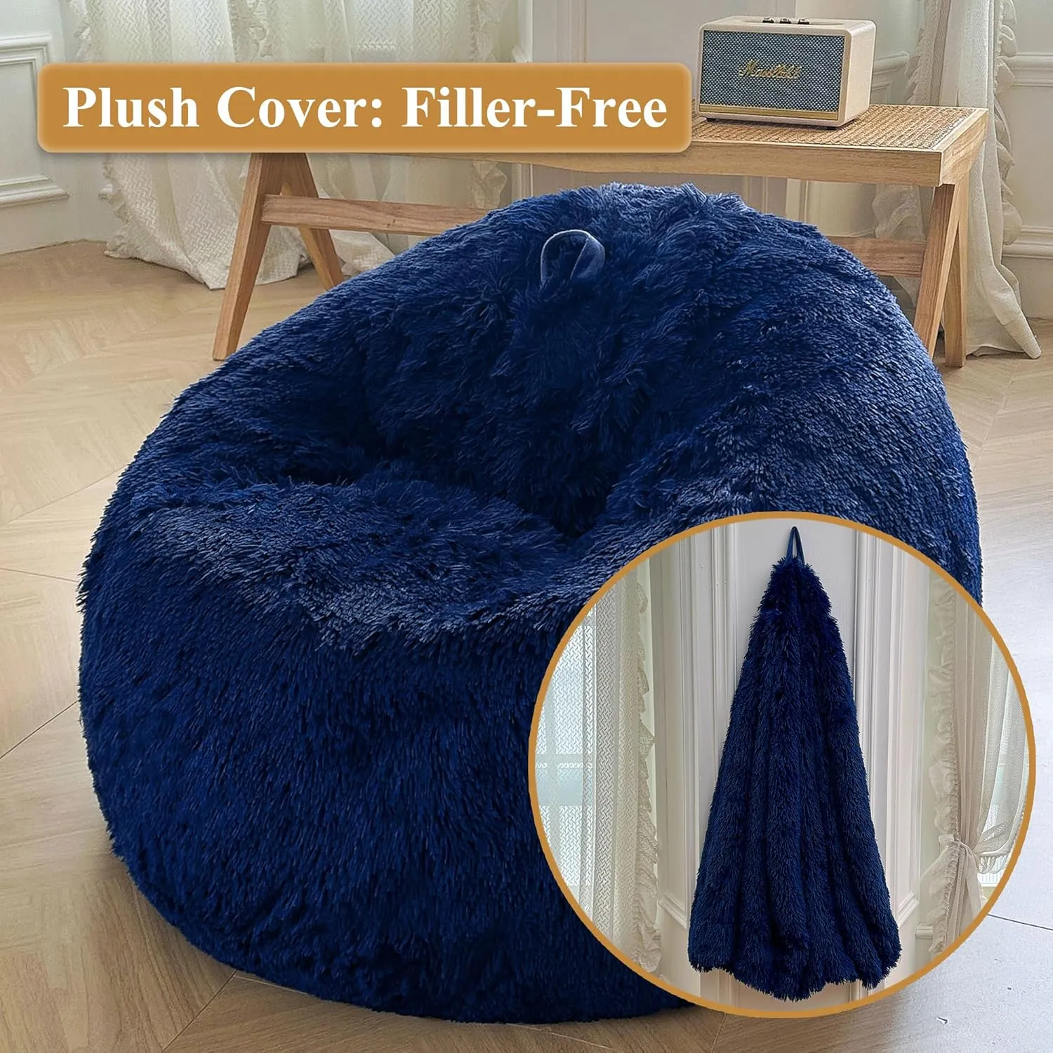 XeGe Fluffy Bean Bag Chair Cover(No Filler), Faux Fur Washable Soft Stuffed Animal Storage Bean Bag Cover for Plush Toys or Textile, Plush Shaggy Large BeanBag Shell for Adults Kids Teens, Navy Blue