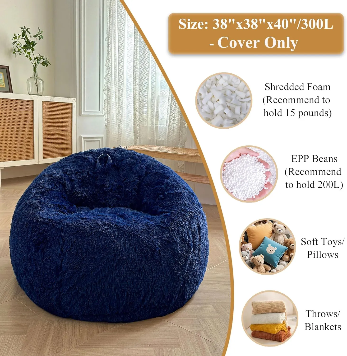 XeGe Fluffy Bean Bag Chair Cover(No Filler), Faux Fur Washable Soft Stuffed Animal Storage Bean Bag Cover for Plush Toys or Textile, Plush Shaggy Large BeanBag Shell for Adults Kids Teens, Navy Blue