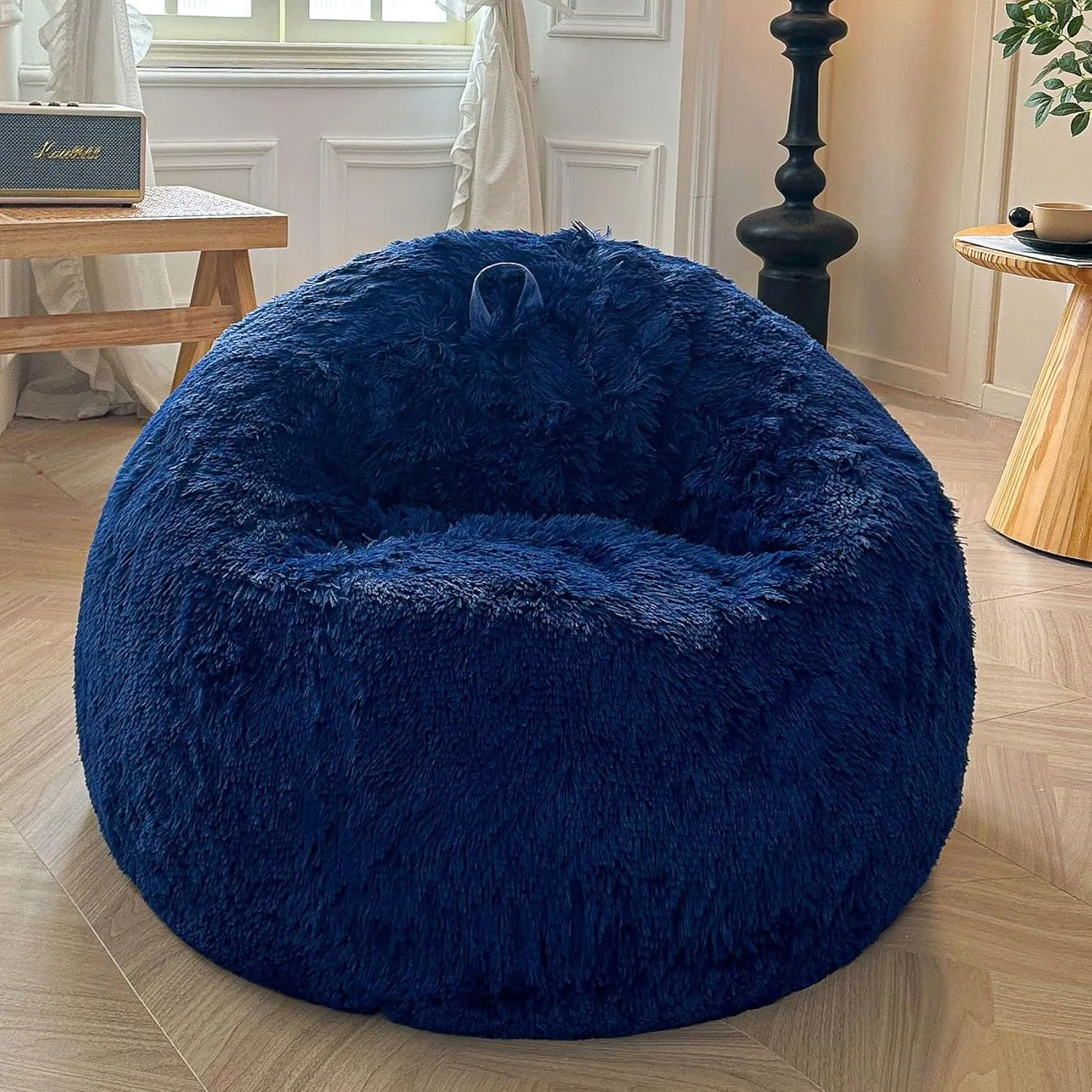 XeGe Fluffy Bean Bag Chair Cover(No Filler), Faux Fur Washable Soft Stuffed Animal Storage Bean Bag Cover for Plush Toys or Textile, Plush Shaggy Large BeanBag Shell for Adults Kids Teens, Navy Blue