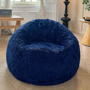 XeGe Fluffy Bean Bag Chair Cover(No Filler), Faux Fur Washable Soft Stuffed Animal Storage Bean Bag Cover for Plush Toys or Textile, Plush Shaggy Large BeanBag Shell for Adults Kids Teens, Navy Blue
