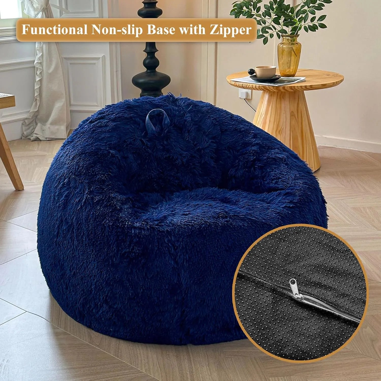 XeGe Fluffy Bean Bag Chair Cover(No Filler), Faux Fur Washable Soft Stuffed Animal Storage Bean Bag Cover for Plush Toys or Textile, Plush Shaggy Large BeanBag Shell for Adults Kids Teens, Navy Blue