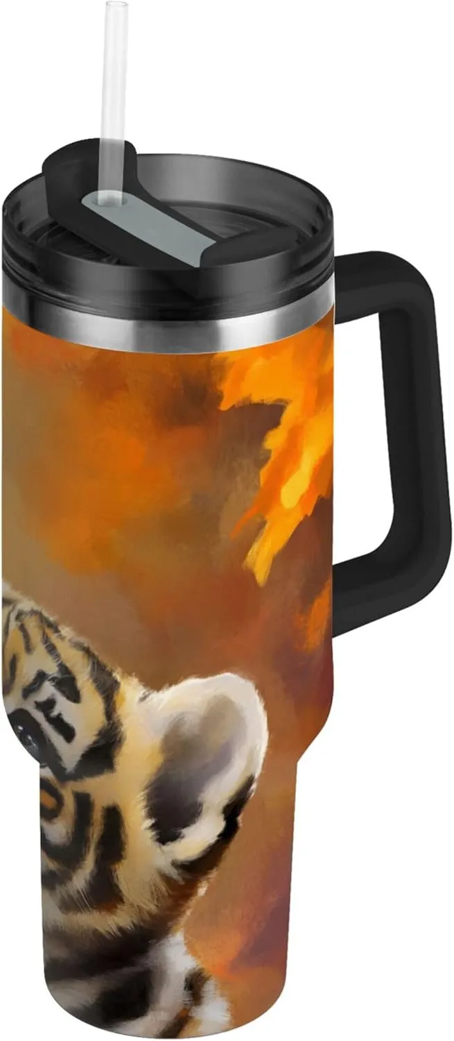 xigua 30 oz Cute Tiger Tumbler with Handle and Straw Lid, Stainless Steel Vacuum Insulated Sports Water Bottle, Keeps Cold or Hot Coffee Cup Travel Mug