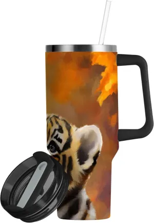 xigua 30 oz Cute Tiger Tumbler with Handle and Straw Lid, Stainless Steel Vacuum Insulated Sports Water Bottle, Keeps Cold or Hot Coffee Cup Travel Mug