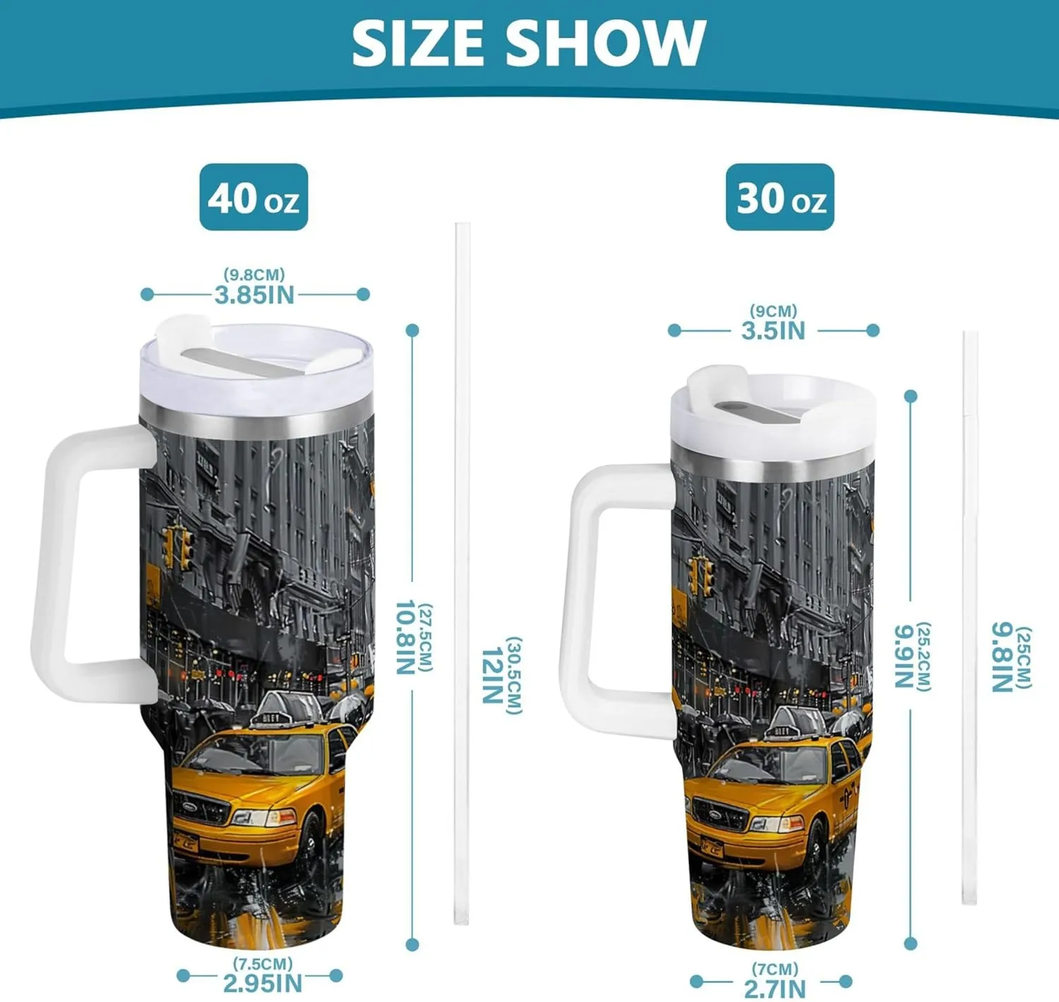 xigua Yellow Cabs Tumbler with Handle Lid and Straw, 40oz Insulated Stainless Steel Tumbler Cup Reusable Double Walled Travel Coffee Mug for Hot & Cold Drinks Home Office