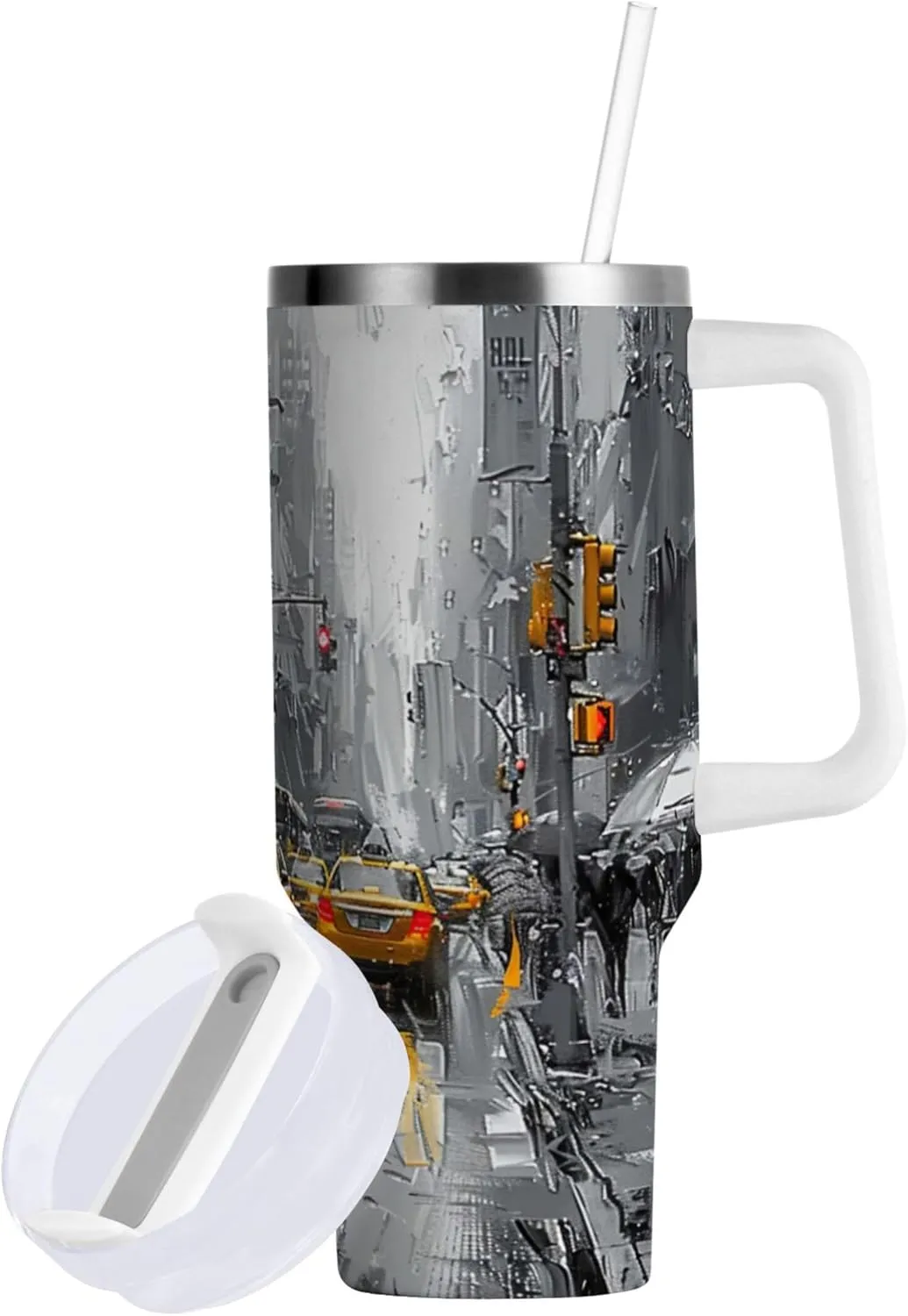 xigua Yellow Cabs Tumbler with Handle Lid and Straw, 40oz Insulated Stainless Steel Tumbler Cup Reusable Double Walled Travel Coffee Mug for Hot & Cold Drinks Home Office