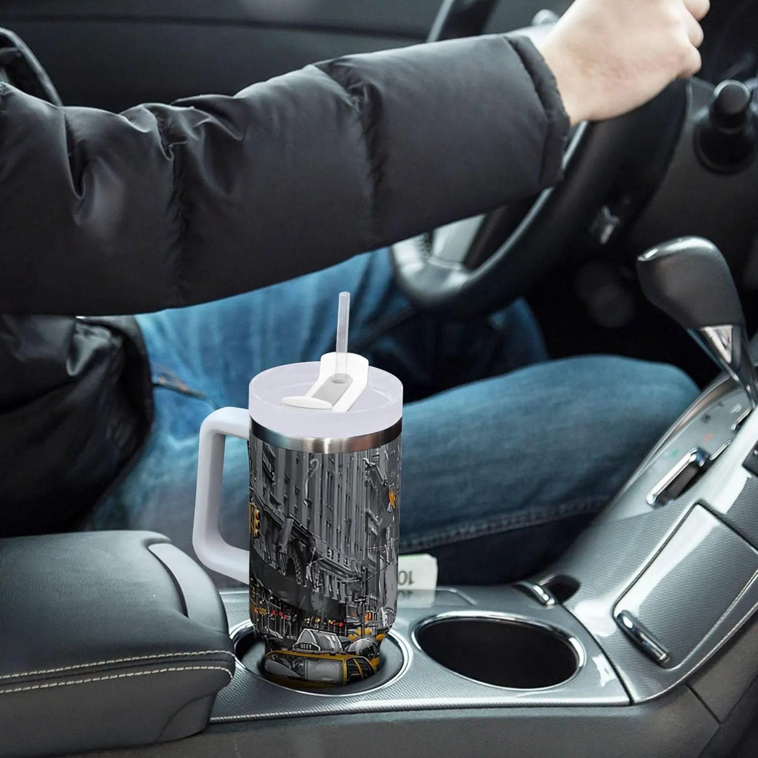 xigua Yellow Cabs Tumbler with Handle Lid and Straw, 40oz Insulated Stainless Steel Tumbler Cup Reusable Double Walled Travel Coffee Mug for Hot & Cold Drinks Home Office