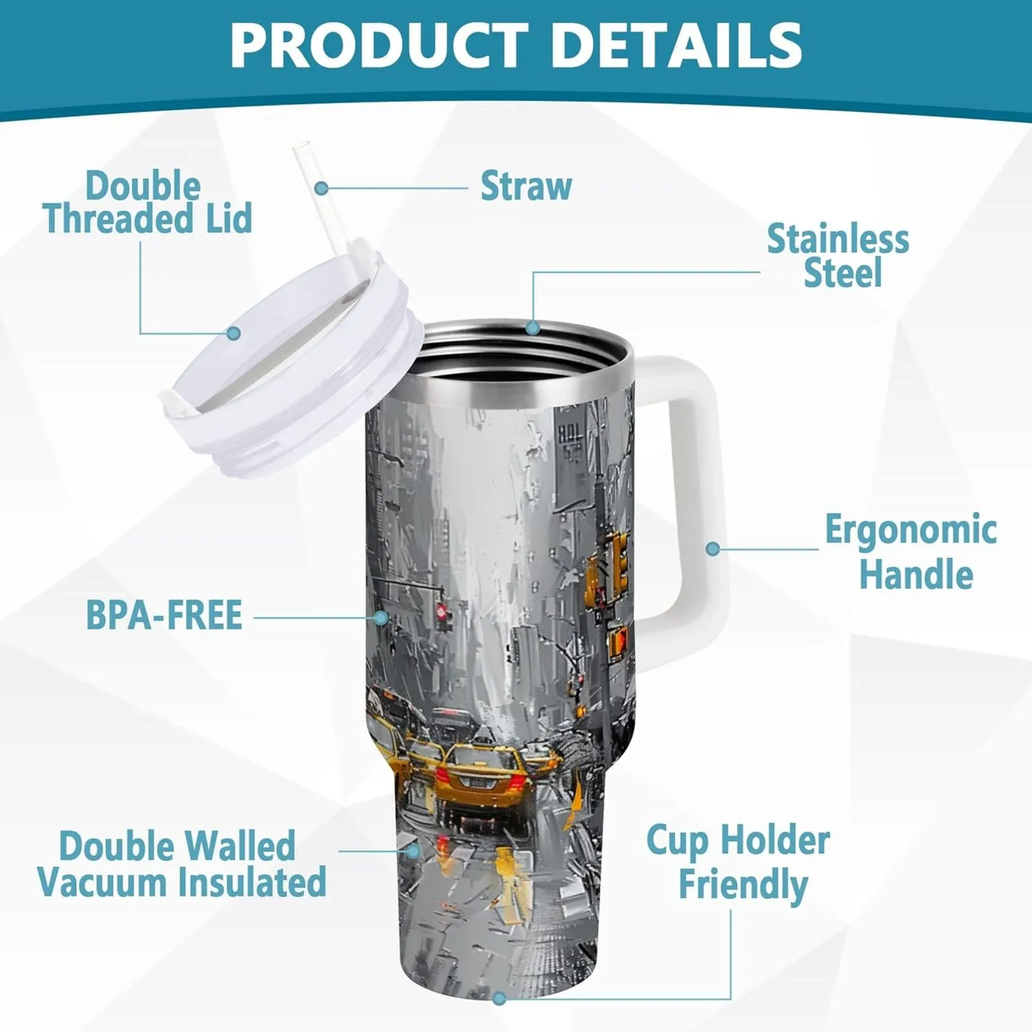 xigua Yellow Cabs Tumbler with Handle Lid and Straw, 40oz Insulated Stainless Steel Tumbler Cup Reusable Double Walled Travel Coffee Mug for Hot & Cold Drinks Home Office