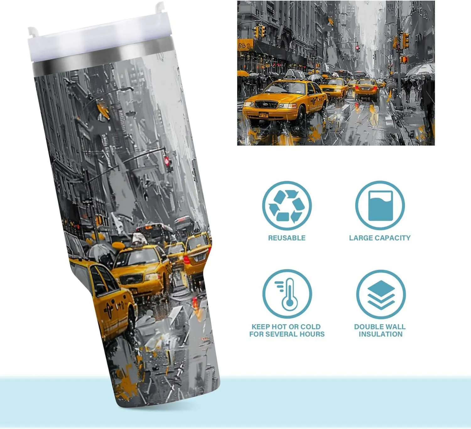 xigua Yellow Cabs Tumbler with Handle Lid and Straw, 40oz Insulated Stainless Steel Tumbler Cup Reusable Double Walled Travel Coffee Mug for Hot & Cold Drinks Home Office
