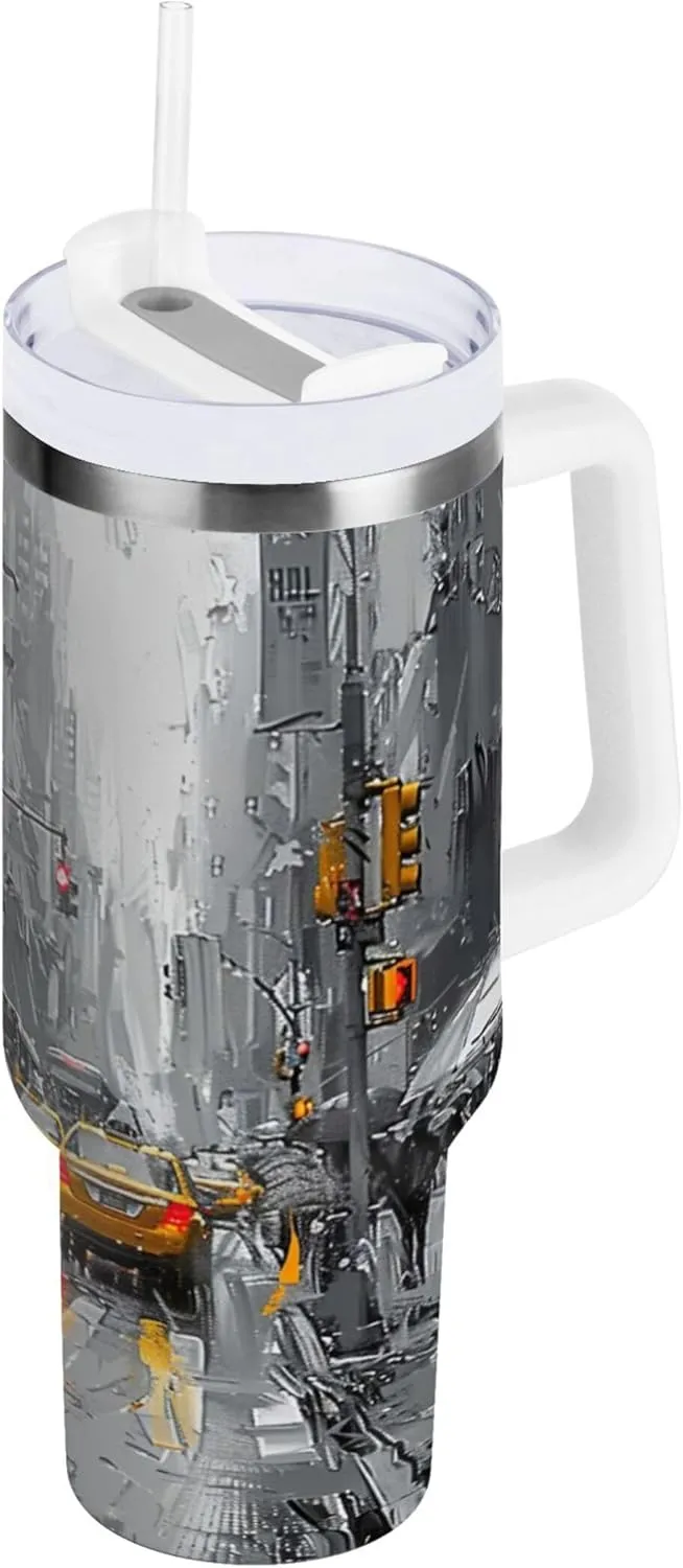 xigua Yellow Cabs Tumbler with Handle Lid and Straw, 40oz Insulated Stainless Steel Tumbler Cup Reusable Double Walled Travel Coffee Mug for Hot & Cold Drinks Home Office