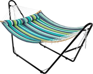 Yaheetech Hammock with Stand Set, Padded Hammock with Frame & Removable Pillow for 2-3 People Outdoor, Porch, Patio, Deck and Backyard, Max.Weight Capacity 475LB - Green Stripe