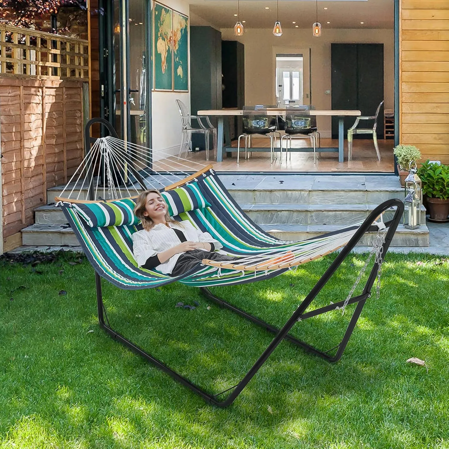 Yaheetech Hammock with Stand Set, Padded Hammock with Frame & Removable Pillow for 2-3 People Outdoor, Porch, Patio, Deck and Backyard, Max.Weight Capacity 475LB - Green Stripe