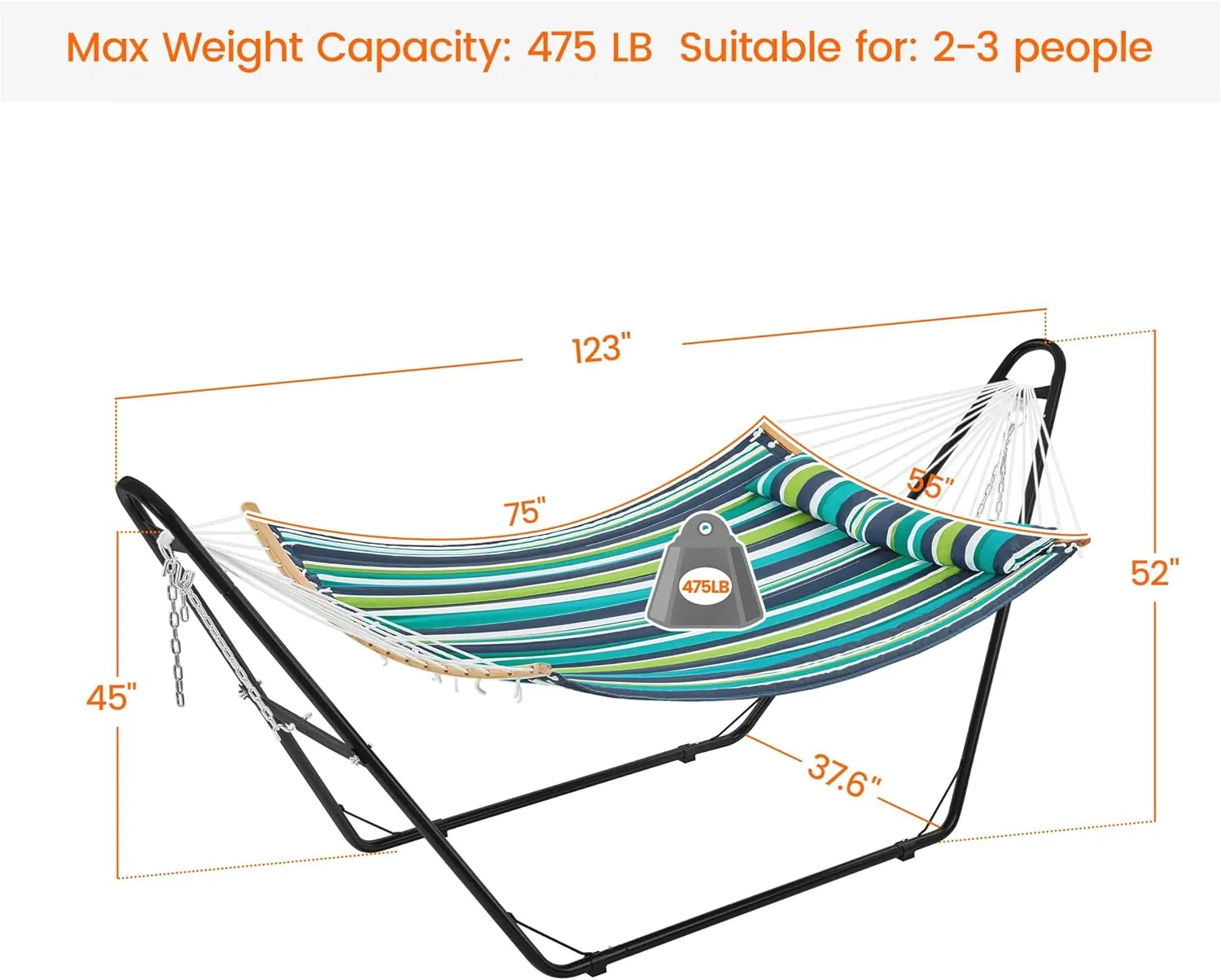 Yaheetech Hammock with Stand Set, Padded Hammock with Frame & Removable Pillow for 2-3 People Outdoor, Porch, Patio, Deck and Backyard, Max.Weight Capacity 475LB - Green Stripe