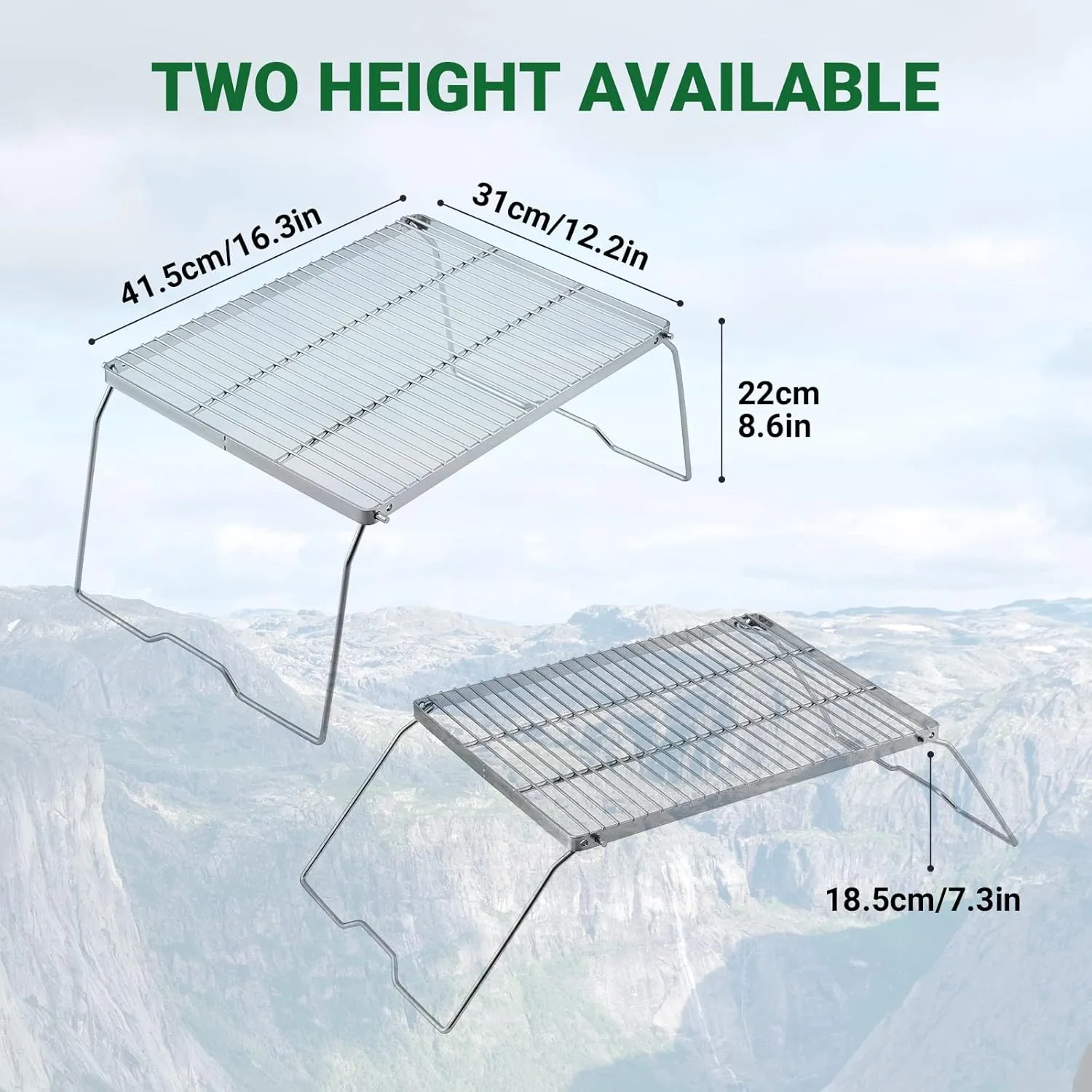 YETO Two Hight Camping Grill Grate with Legs 304 Stainless Steel Folding Campfire Over Fire Portable and Carrying Bag for Outdoor Cooking BBQ Picnic Hiking, Silver-Large, 16.3 x 12.2 x 8.6 inches