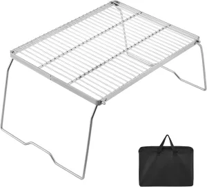 YETO Two Hight Camping Grill Grate with Legs 304 Stainless Steel Folding Campfire Over Fire Portable and Carrying Bag for Outdoor Cooking BBQ Picnic Hiking, Silver-Large, 16.3 x 12.2 x 8.6 inches