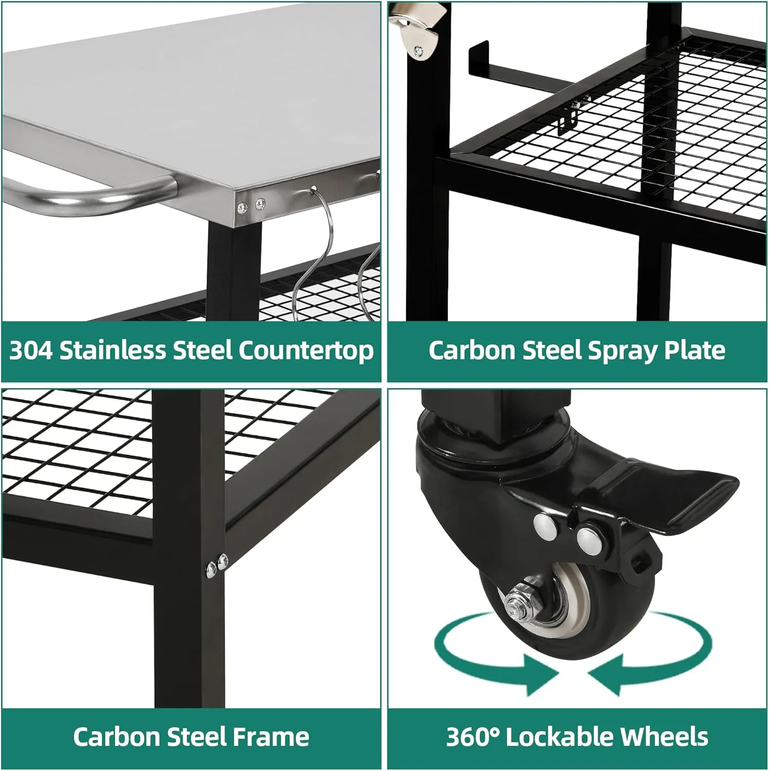 YITAHOME Outdoor Grill Cart with Satinless Steel Tabletop and Wheels, 47.2'' x 19.7'' Outdoor Pizza Oven Cart with Foldable Side Table, Storage Cart Bar Cart Food Prep Stand for Grilling BBQ Pizza
