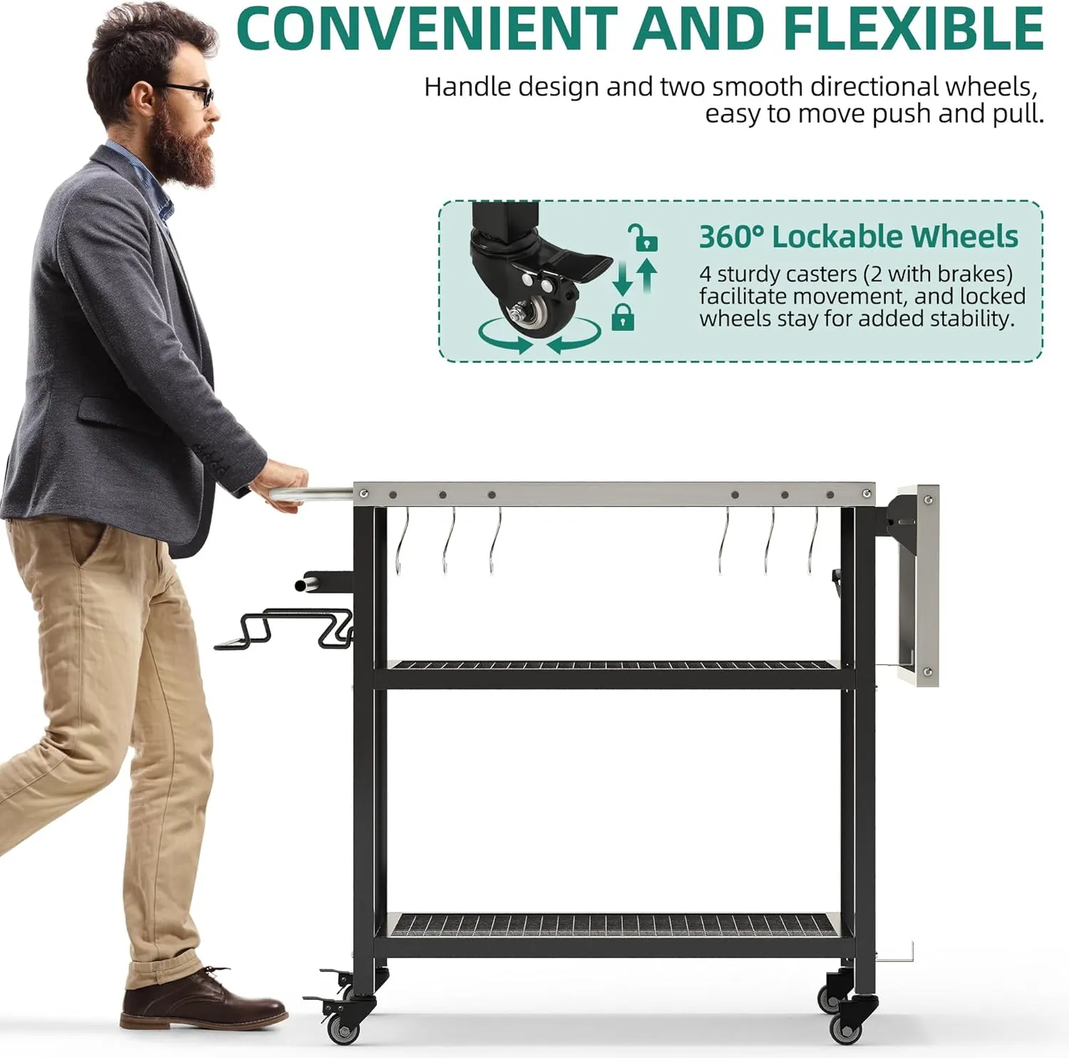YITAHOME Outdoor Grill Cart with Satinless Steel Tabletop and Wheels, 47.2'' x 19.7'' Outdoor Pizza Oven Cart with Foldable Side Table, Storage Cart Bar Cart Food Prep Stand for Grilling BBQ Pizza