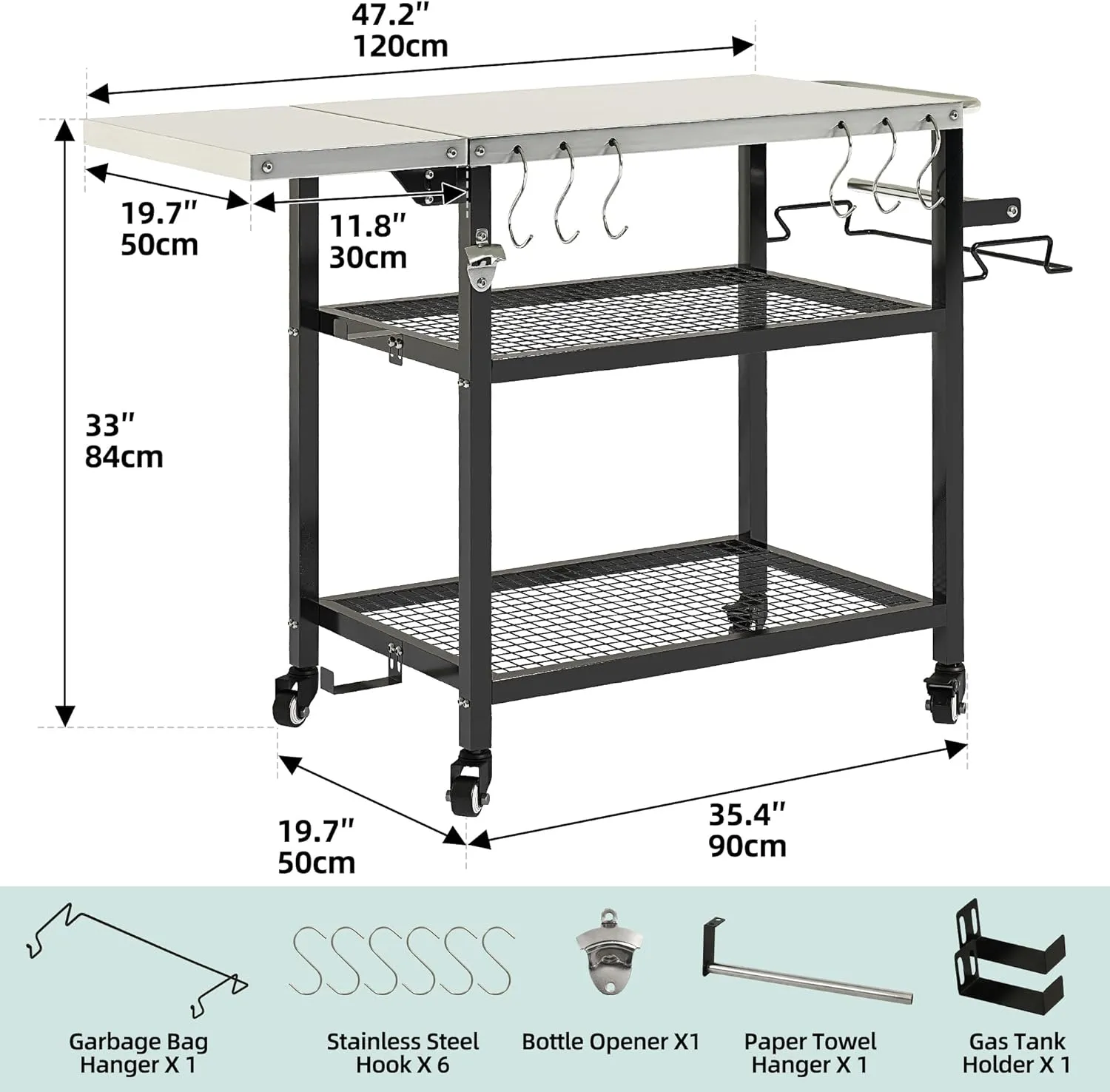 YITAHOME Outdoor Grill Cart with Satinless Steel Tabletop and Wheels, 47.2'' x 19.7'' Outdoor Pizza Oven Cart with Foldable Side Table, Storage Cart Bar Cart Food Prep Stand for Grilling BBQ Pizza