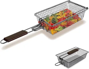 Yukon Glory™ Premium Grilling Basket, Designed Grill Vegetables, Seafood, Poultry and Meats, Unique Locking Mechanism to Easily Flip Food, Foldable Handle for Compact Storage