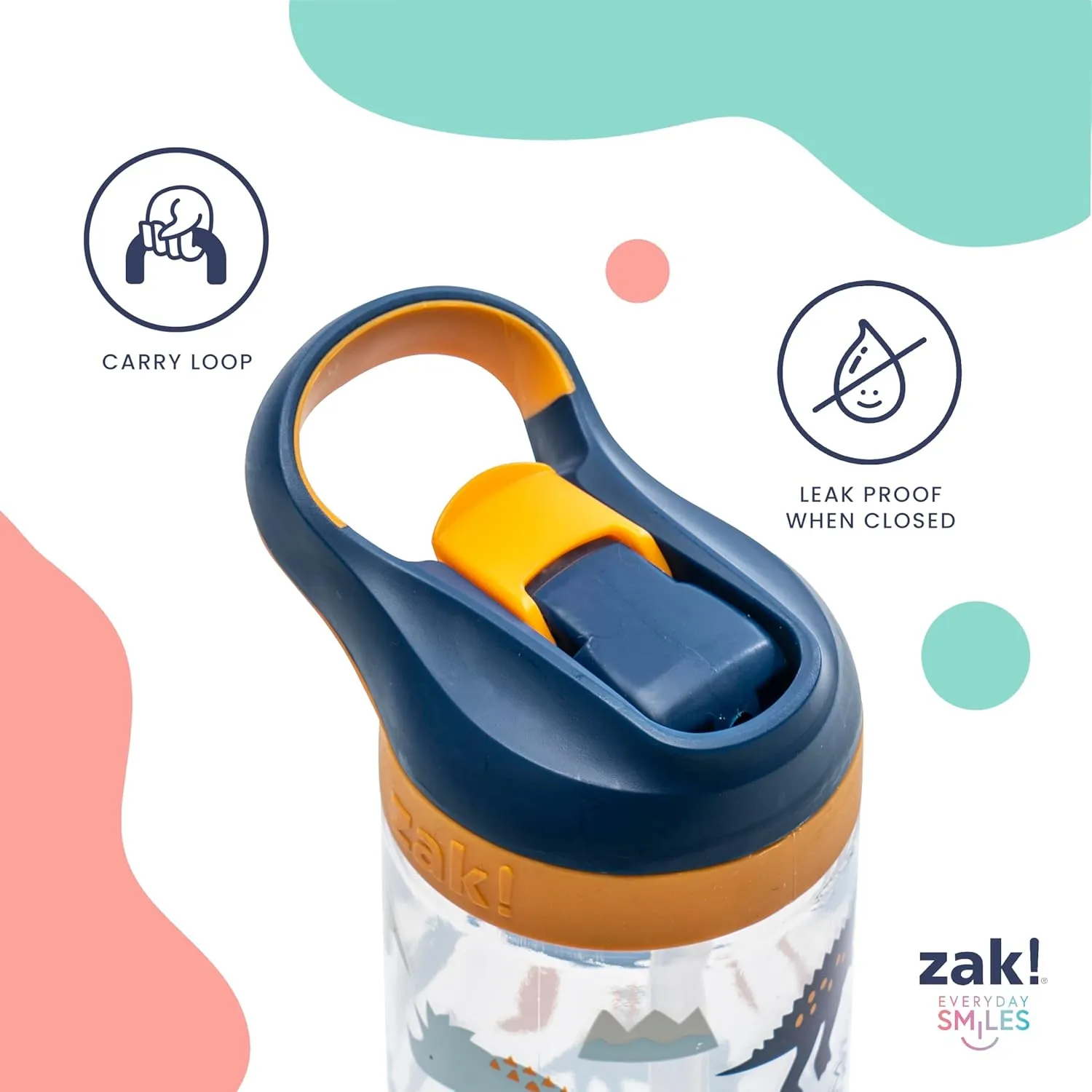 Zak Designs Atlantic Kids Water Bottle For School or Travel, 16oz Durable Plastic Water Bottle With Straw, Handle, and Leak-Proof, Pop-Up Spout Cover, 2-Pack (Zaksaurus and Safari)