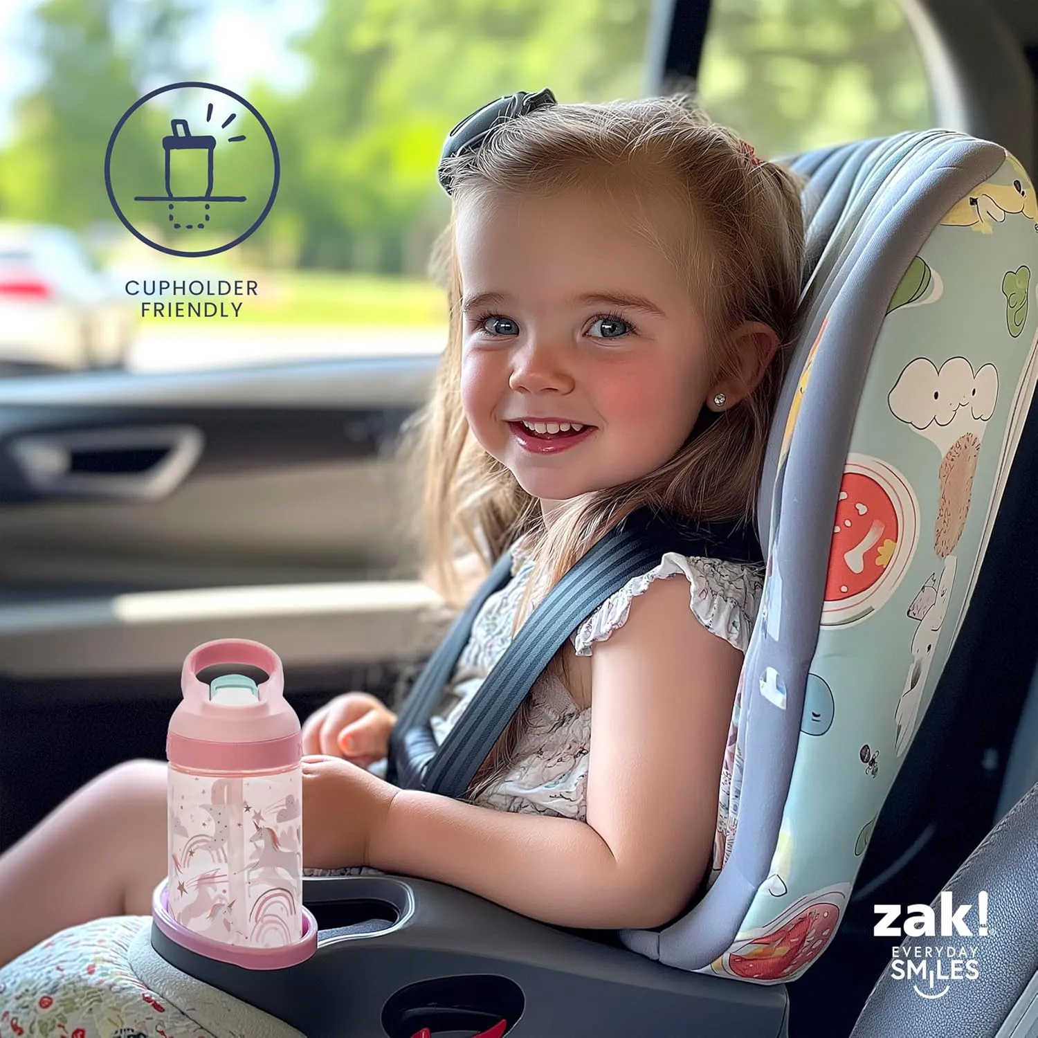 Zak Designs Atlantic Kids Water Bottle For School or Travel, 16oz Durable Plastic Water Bottle With Straw, Handle, and Leak-Proof, Pop-Up Spout Cover, 2-Pack (Zaksaurus and Safari)